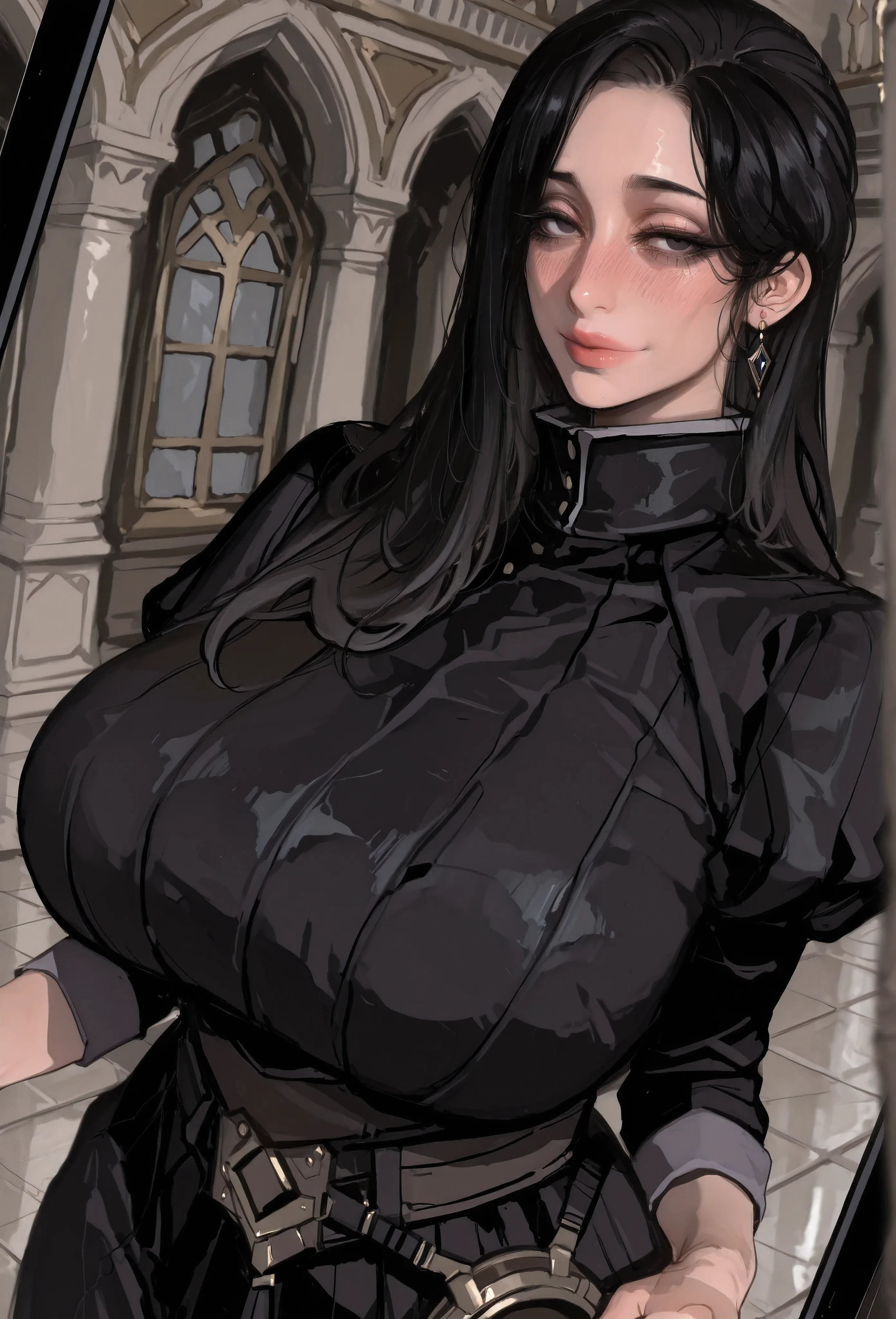 ,black dress, puffy sleeves, juliet sleeves, high collar, ghostlady, very long hair, black hair, dark eyes, empty eyes, eyeshadows, huge breasts, mamimi, beautiful faces, beautiful eyebrows, huge Breasts, wide hips, huge ass, thick legs, thick arms, look at the viewer, fully cloth, (8k , top quality , masterpiece) , (realistic , raw photo , super fine clear), make up, mascara, no eyeshadow, slightly blush, 1 girl, solo, mature woman, milf, royal palace, seductive looks, mature smile,