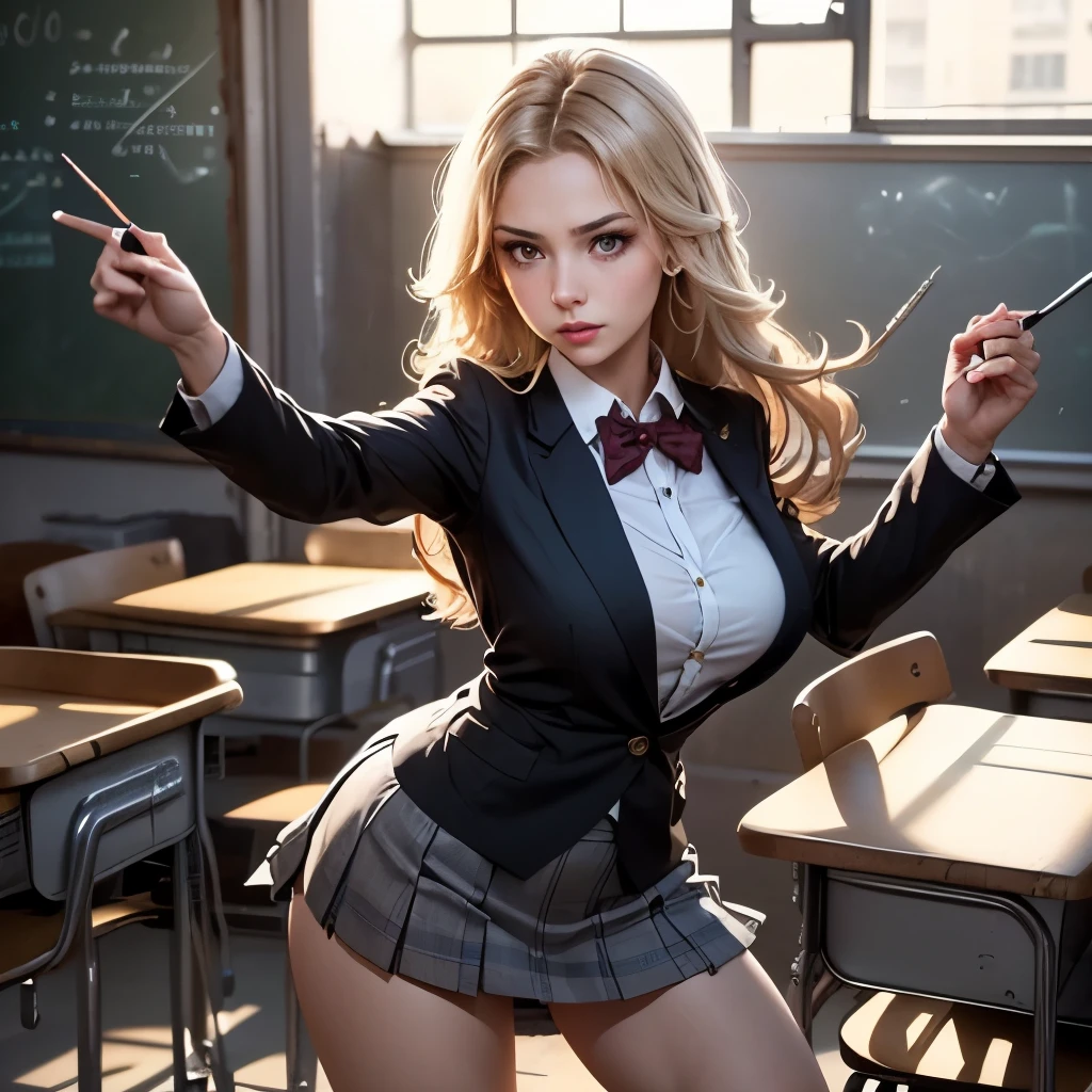 I'm in an abandoned classroom at midnight,Turn-of-the-century scenery,long-haired woman,Can you draw in a blazer school uniform costume,,Big Breasts,the classroom is also overgrown with plants、can you delicately draw women fighting large mutant insects larger than humans、full body image in underwear,can you draw facial details clearly, clearly and delicately,can you draw the details of the hands and legs accurately,Only one,can you draw human hands and legs anatomically accurately,The skin is hidden in school uniforms,Can you draw a fighting heroine,can you draw a woman in a fighting pose with a machine gun,Dark Classroom,Destroyed Rooms,long blond hair,The skin is hidden in school uniforms,Destroyed Classroom,Broken Window Glass,I'm in a dangerous space,can you draw the heroine in the battle pose,Late Night Classroom,The skin is hidden in school uniforms,Can you also draw a skirt,