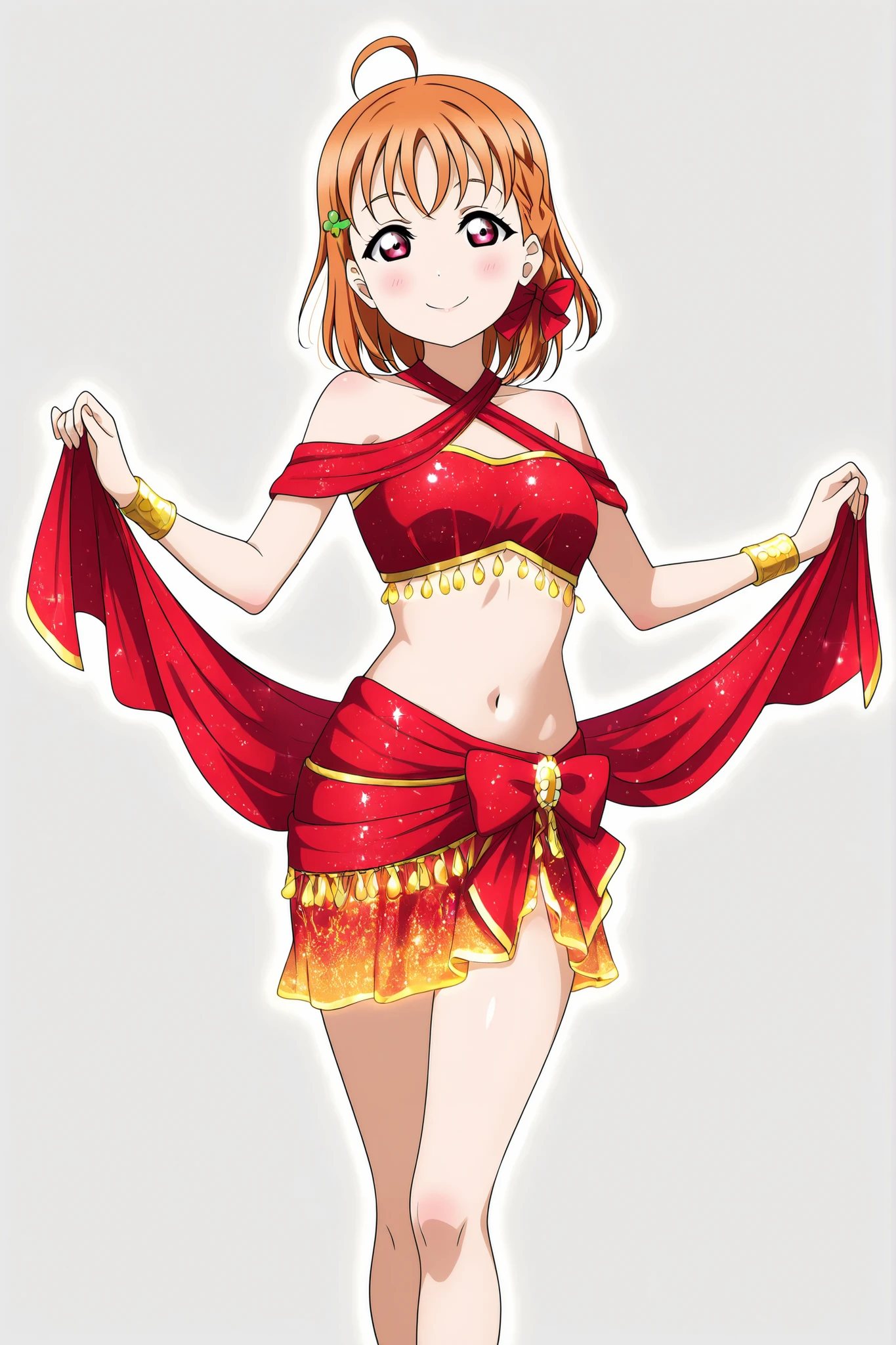 Love live,professional art, highres, hdr, shiny skin, takami chika, elegant, beautiful, simple white background, ribbon, red ribbon hair accessory, soft smile, confident expression, asymmetrical red silk top, glowing golden trim, exposed shoulder, sarong style skirt, red fabric wrap, bare midriff, long legs, golden bracelet, standing pose, side lean, hip emphasized, elegant posture, glowing outline,cowboy shot ,(sheer fabrics:1.3)