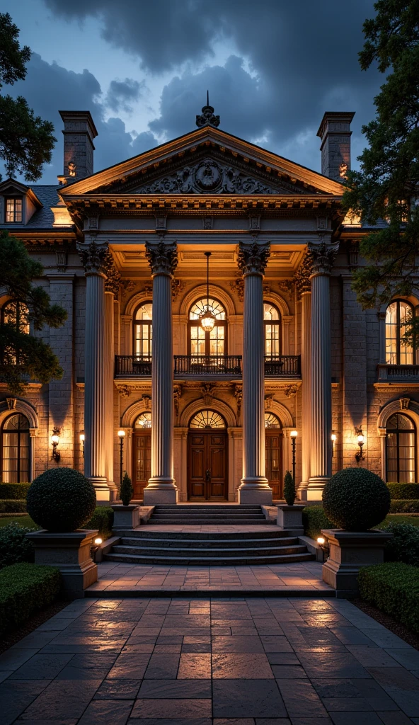 An intricately designed, glowing wooden mansion sits majestically on a serene lake. The mansion, with its polished and ornate architecture, is illuminated warmly from within, casting a mesmerizing reflection on the calm water below. The structure features multiple turrets, arched windows, and decorative spires, creating a jewel-box effect. The scene is set against a dark, tranquil night sky, enhancing the golden glow emanating from the mansion's lights. The surrounding area is dotted with lush trees, their shadows adding depth to the peaceful ambiance