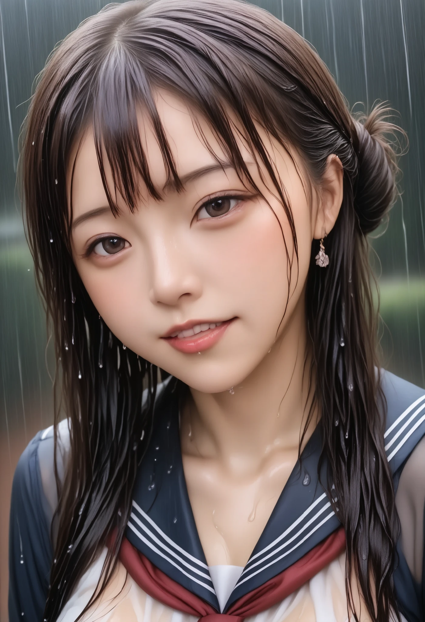 Highest Quality、high quality、Highest Image Quality、8k、最high resolution、high resolution、Highest Quality、masterpiece、Original photo、Full body photo、Human body recreated in every detail、Realistic skin in every detail、realistic face in every detail、Detailed and realistic eyes、realistic lips in every detail、realistic teeth in every detail、Detailed and realistic ears、Realistic hairstyle down to the last detail、 Detailed and realistic arms 、Realistic work faithfully reproduced down to the smallest detail、realistic legs down to the smallest detail、(、thumb1reference4)、realistic legs down to the smallest detail、realistic legs down to the smallest detail、Realistic breasts down to the details 、 realistic areolas in every detail 、 nipples recreated in detail 、((Japanese model))、((gravure idol))、((Young face))、((dark hair))、((rounded medium breasts))、(( Stylish body ))、(((Shiny skin all over the body )))、Detailed and Realistic Human Body、Realistic skin with attention to detail、Detailed realistic face、detailed realistic arms、Detailed and realistic fingers、realistic legs down to the smallest detail、Detailed Realistic Breasts 、((暗い cold stormy weather))、((Heavy Rain))、((heavy rain))、((School Playground))、sailor suit next to the eye、sailor skirt、junior high school、high school students、Japanese School Uniform、((Heavy Rainの中(Girl standing in the middle of the schoolyard))、((You can see through when wet (クロップトップsailor suit next to the eye、ミニsailor skirt))、((troubled face、blush、cowgirl))、((Heavy Rainを浴びて( Wet Skin from Head to Feet ))、((Rainwater dripping from her skin))、((The body lines are clearly visible even through the uniform.(The uniform is wet and sticks to her skin.))、((Rainwater dripping from the uniform))、Angle from Below