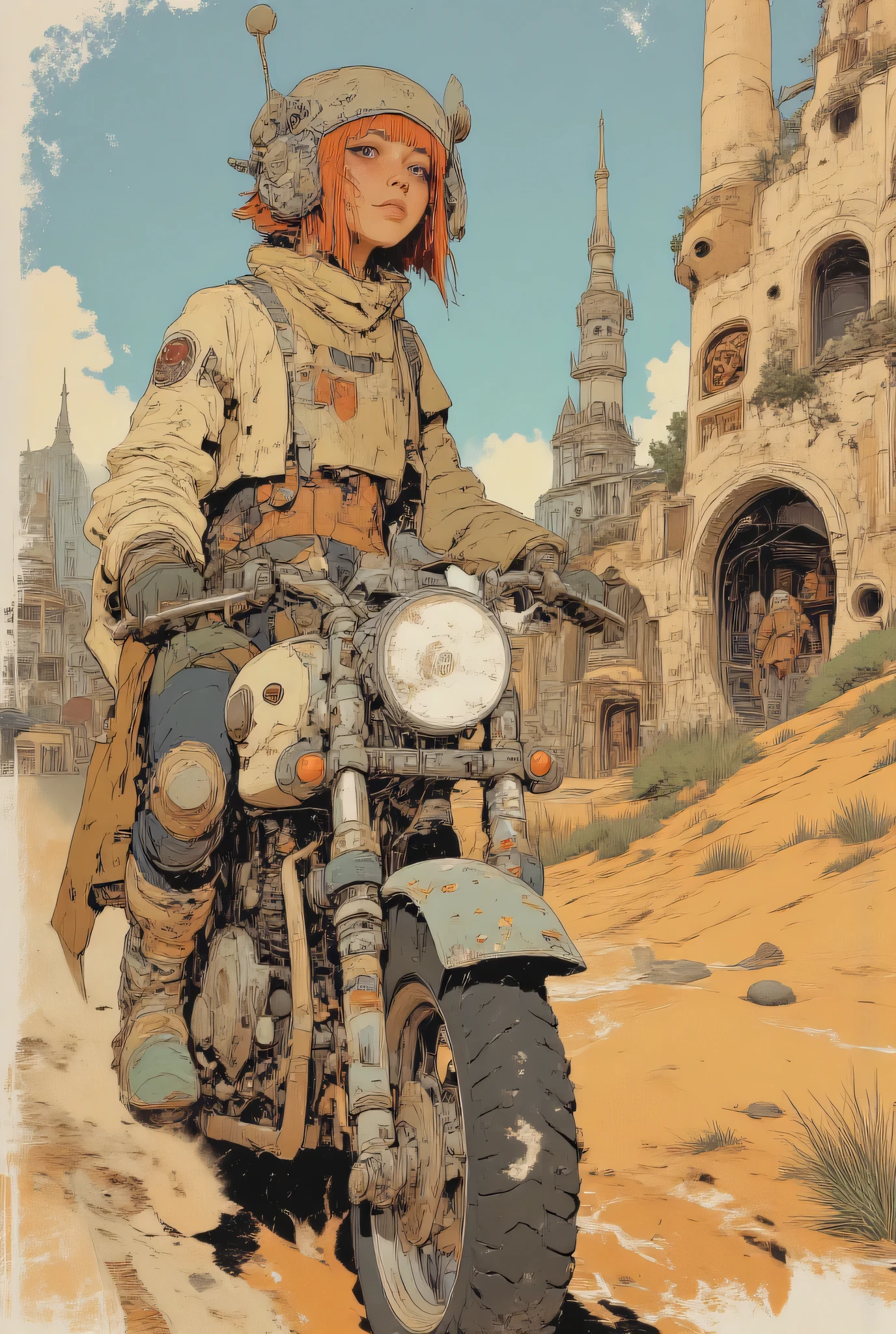 By Phandigrams,CAICO,SF comic style, European bande dessinée illustration, Moebius inspired art, beautiful girl riding on sci-fi motorbike, full body character design, beautiful face, clear face, bangs, orange short hair, futuristic setting, desert cityscape in the background, vibrant pastel colors, surreal atmosphere, cinematic wide composition, ultra realistic rendering, minimal elements, highly detailed illustration, artistic shading, dynamic perspective, (masterpiece:2), best quality, ultra highres, original, extremely detailed, perfect lighting
