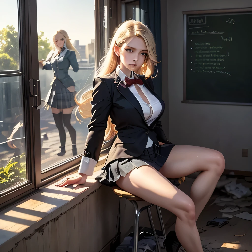 I'm in an abandoned classroom at midnight,Turn-of-the-century scenery,long-haired woman,Can you draw in a blazer school uniform costume,,Big Breasts,the classroom is also overgrown with plants、can you delicately draw women fighting large mutant insects larger than humans、full body image in underwear,can you draw facial details clearly, clearly and delicately,can you draw the details of the hands and legs accurately,Only one,can you draw human hands and legs anatomically accurately,The skin is hidden in school uniforms,Can you draw a fighting heroine,Can you draw a woman in a fighting pose with a machine gun,Dark Classroom,Destroyed Rooms,long blond hair,The skin is hidden in school uniforms,Destroyed Classroom,Broken Window Glass,I'm in a dangerous space,can you draw the heroine in the battle pose,Late Night Classroom,The skin is hidden in school uniforms,Can you also draw a skirt,Can you draw a heroine who jumps and runs away,Can you draw facial expressions more clearly and delicately,