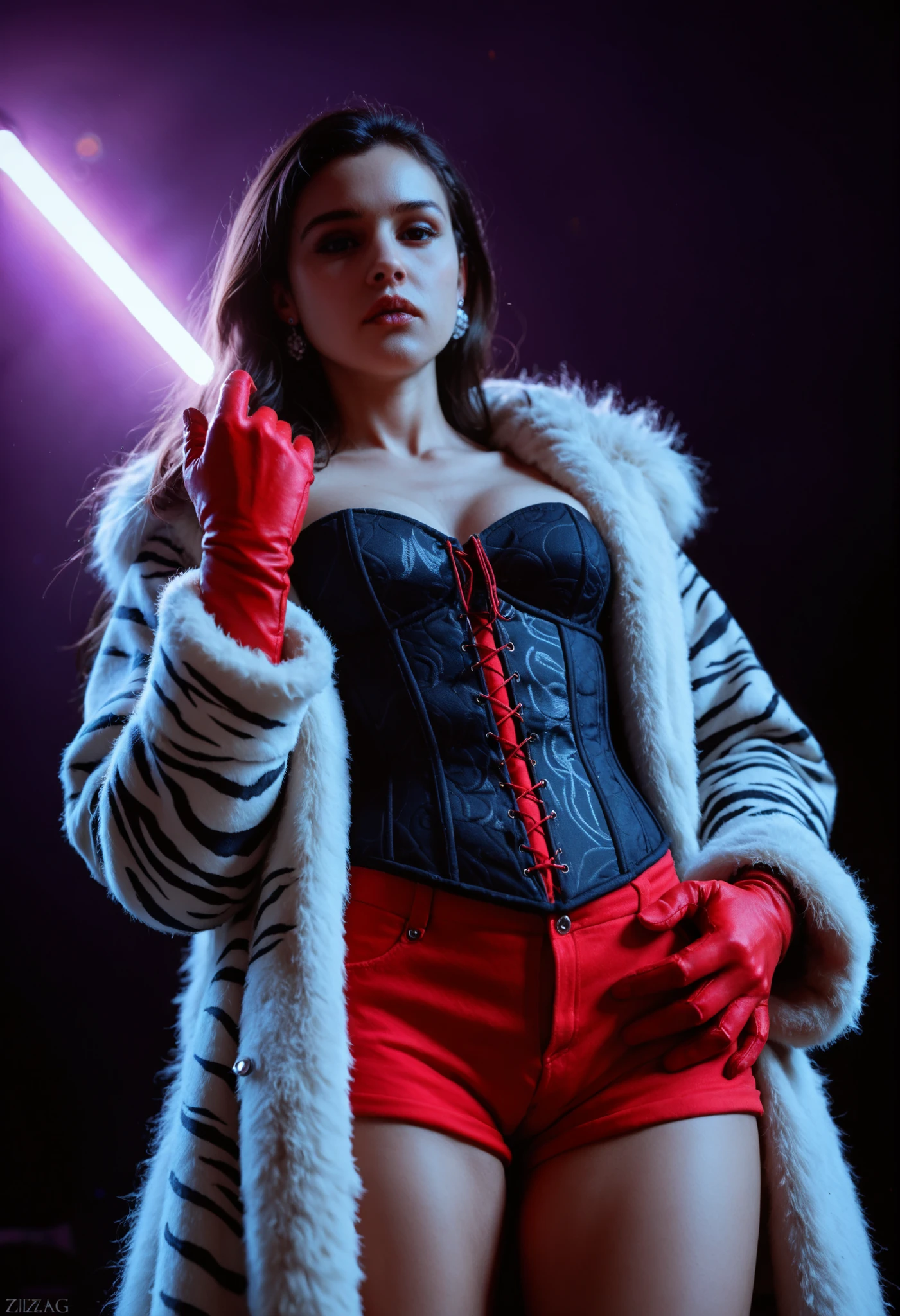score_9, score_8_up, score_7_up, score_6_up, masterpiece, best quality, intricate details, 1 woman, aesthetic body, athletic body, dark long hair with fringe \(white highlight, zigzag pattern\), earrings, large fur coat \(fluffy, zebra pattern\), corset, red slack shorts, red glove, standing, serious face, low angle, holding lighter, Scene color range tons: pink, blue, purple light, dark background, cinematic lighting, woman, long hair, sexy ominous mood, dramatic lighting, beauty, realism, cinematic quality photo emotional, harmonious, highly detailed, bokeh in the background, 8k, HDR, ultra detailed, dark ambient, look at the viewer