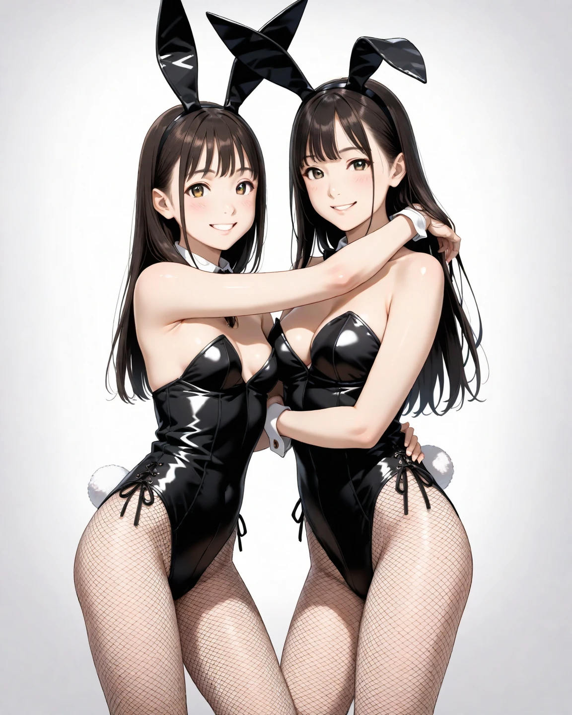 (finely best quality illustration:1.2), (kawaii girl:1.1), 2girls, multiple girls, Craftsman made contour, coquettish skin, (soft smile:0.7), hug, (white background:1.25), bunny girl, bare arms, bare legs, black bunnysuit, bare clavicle, neck ribbon, medium breasts, breasts, animal ears, playboy bunny, pantyhose, rabbit ears, fake animal ears, looking at viewer, cleavage, leotard, smile, fishnets, hair ribbon, ribbon, black leotard, cowboy shot, bowtie, blue eyes, open mouth, bow, long sleeves, detached collar, tailcoat, tail, two side up, rabbit tail, coat, fishnet pantyhose, arms up, brown pantyhose, large breasts, standing, blush, coattails, hairband, jacket, white hair, gradient, fake tail, fang, red bow, strapless, wrist cuffs, medium breasts, thighs, strapless leotard, signature