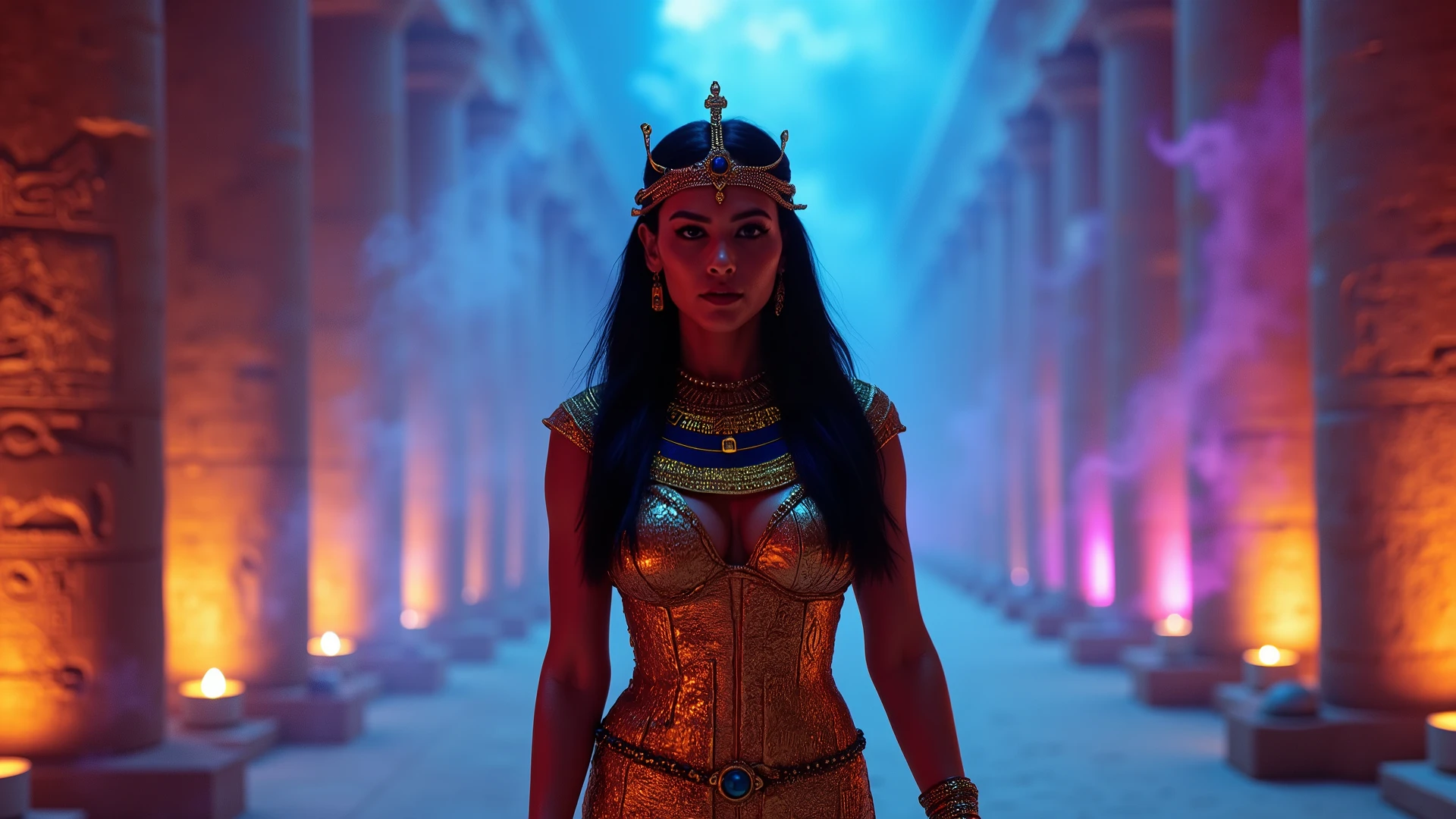 Diagonal-frontal Camera. An ultra-detailed and cinematic depiction of an Egyptian pharaoh queen walking through the interior of an Egyptian pyramid, with disco-style cinematic lighting.Egyptian Queen Effects: Beautiful face, curvaceous figure, straight black hair adorned with gold beads and small lapis lazuli scarabs, royal makeup with intensely elongated black eyeliner, and lips painted in a deep metallic burgundy shade. Large solid gold earrings shaped like solar disks hang from her ears. A broad wesekh collar with layers of gold, turquoise, and amethysts rests on her chest. She wears aged golden Egyptian attire, engraved with finely detailed hieroglyphs and inlaid with deep blue gemstones, shaded to display a slightly worn appearance. The gold and blue surface shows realistic micro-scratches, dents, and patina, giving it an ancient yet imposing aesthetic. On her head she wears a nemes headdress with clearly defined gold and dark blue stripes, sharp edges, and a prominent frontal adornment, cascading realistically over her shoulders. Her wrists and belt are adorned with embossed aged gold bracelets, each displaying unique and weathered Egyptian motifs.The atmosphere is fully nocturnal, with disco-style cinematic lighting enhancing the contrasts of her armor, jewelry, and headdress. The vast pyramid chamber surrounds her: towering stone walls carved with hieroglyphs glow under surreal illumination. Gigantic ascending columns of dense smoke in electric blue and neon fuchsia tones rise through the chamber, illuminated by neon reflections that blend with the flickering torchlight on the ancient walls.