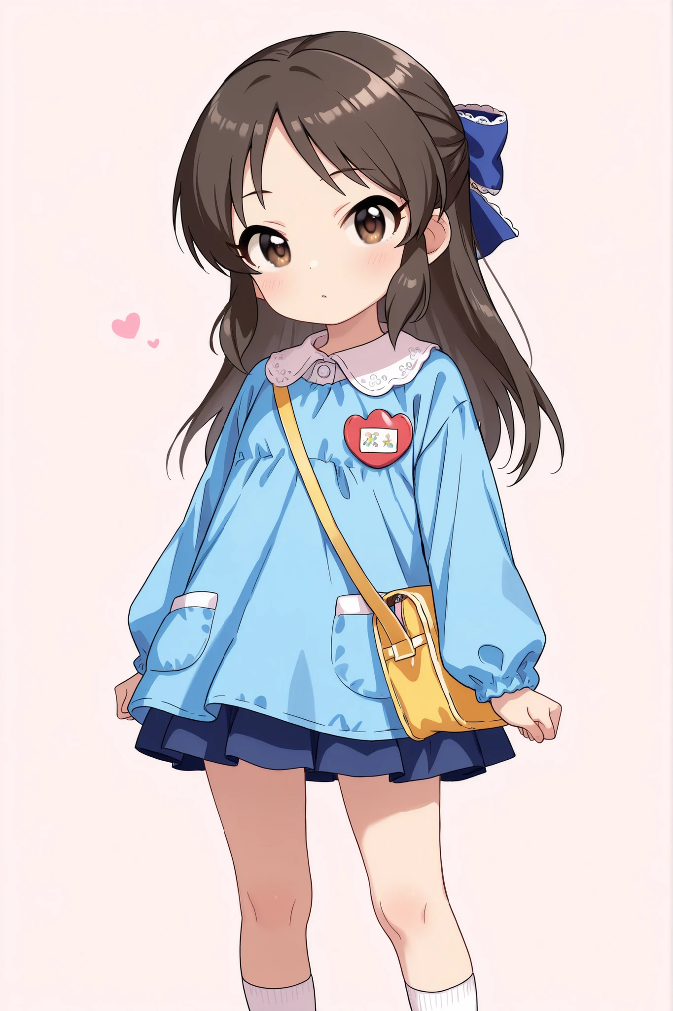 (Top Quality), (Very Aesthetic), (Super Detailed), (Best Illustration), Loli, Solo Female, female child, Girl, tcbnarisu_AA, tachibana arisu, idolmaster cinderella girls, brown eyes, brown hair, long hair, hair bow, solo, kindergarten cap, kindergarten uniform, kindergarten bag, socks, flat chest, short legs, kindergarten,