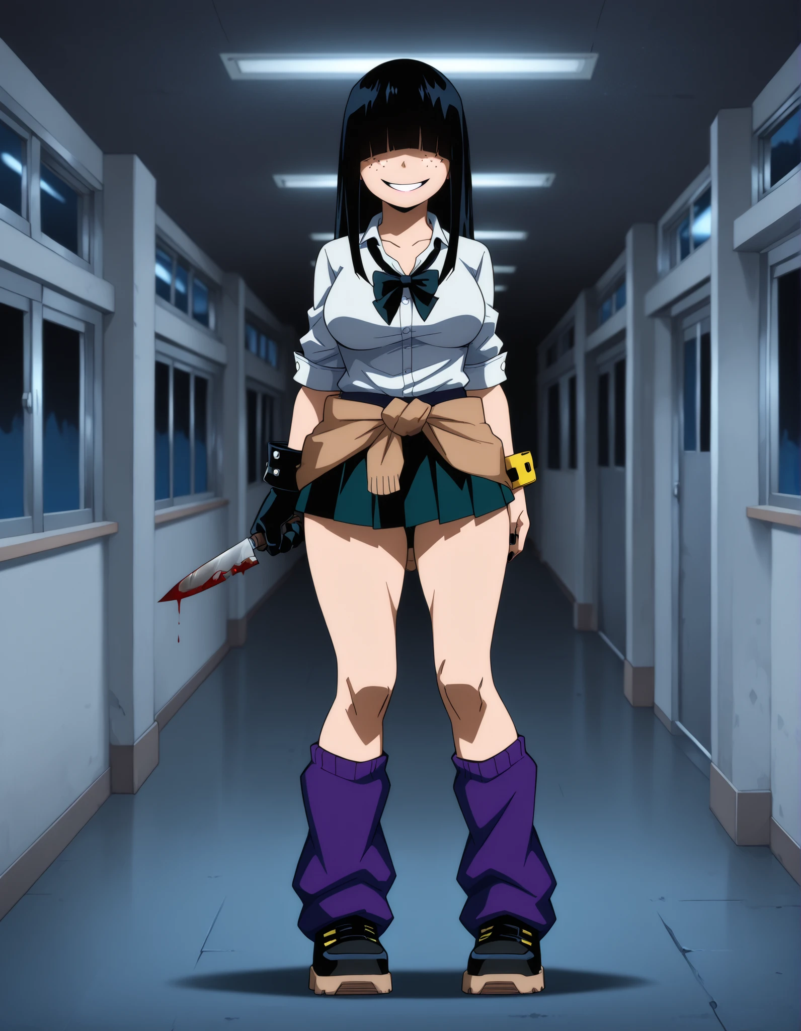 ((Highest Quality)), (school hallway background), Indoor, 1girl, full body, standing, breast, thighs, gyaru, solo, medium breasts, black hair, hime cut, long hair, hair over eyes, freckles, pale skinned, pale skinned female, black nail polish, tied collared shirt, loose bowtie, black bow tie, mini skirt, shorts underneath skirt, gyaru, wrist punk brazalet, purple leg warmers, Black sneaker shoes, Full body:1.5, Black combat gloves, combat gloves, black gloves, My Hero Academia Style, Creepy smile, hidden knife, knife hidden behind his back, bloody knife, night, night background,