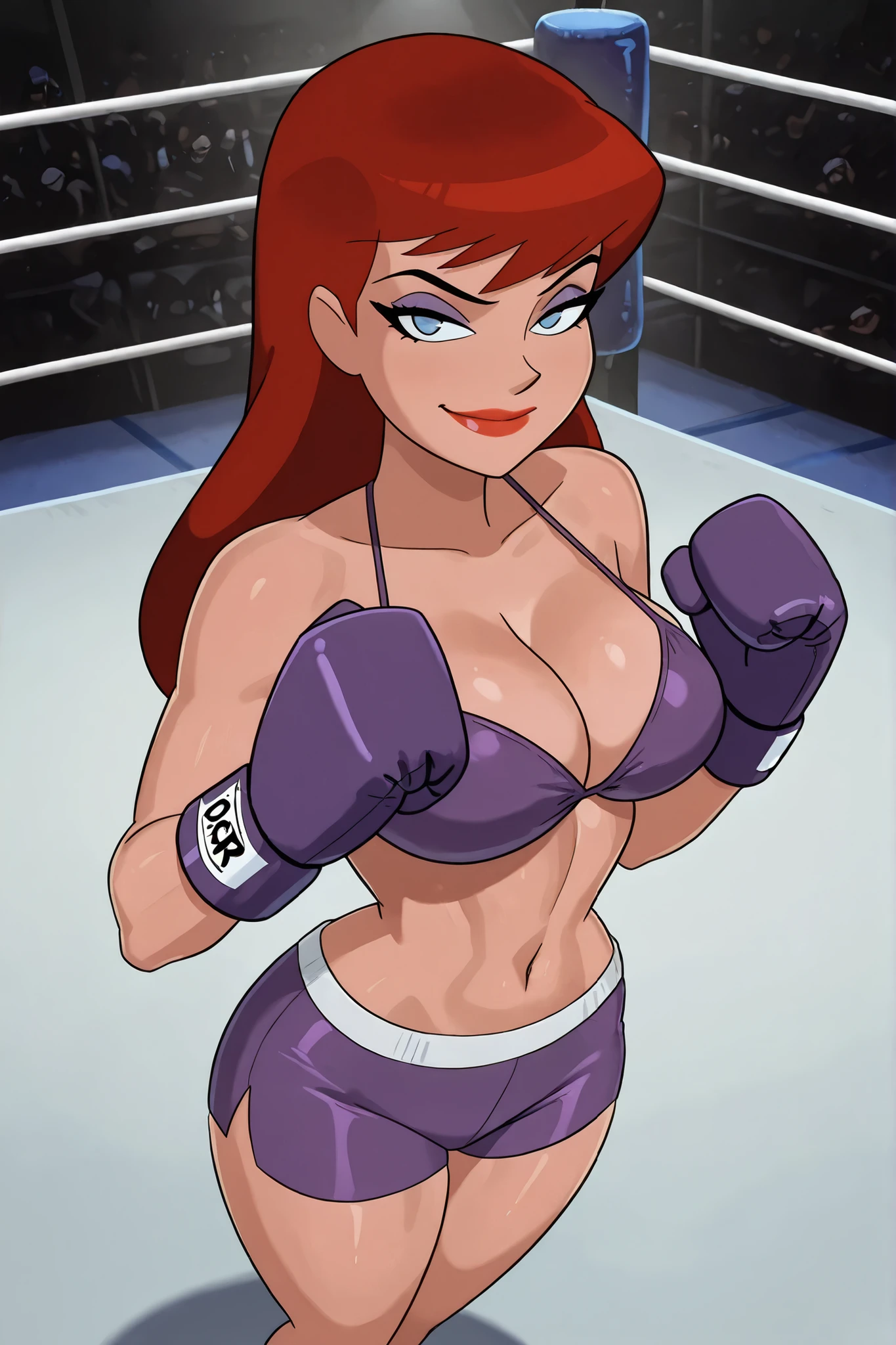 BREAK, score_6_up, score_7_up, score_8_up, score_9, barbaragordon, 1girl, long hair, red hair, blue eyes, lipstick, makeup, very large breasts, busty, cleavage, curvy, athletic, looking at viewer, seducing viewer, teasing viewer, seductive expression, smiling, closed mouth, bedroom eyes, purple bikini top, purple workout shorts, purple boxing gloves, indoors, boxing ring, standing, closeup, portrait, upper body, high-angle view, purple eyeshadow, black mascara, thick thighs, wide hips