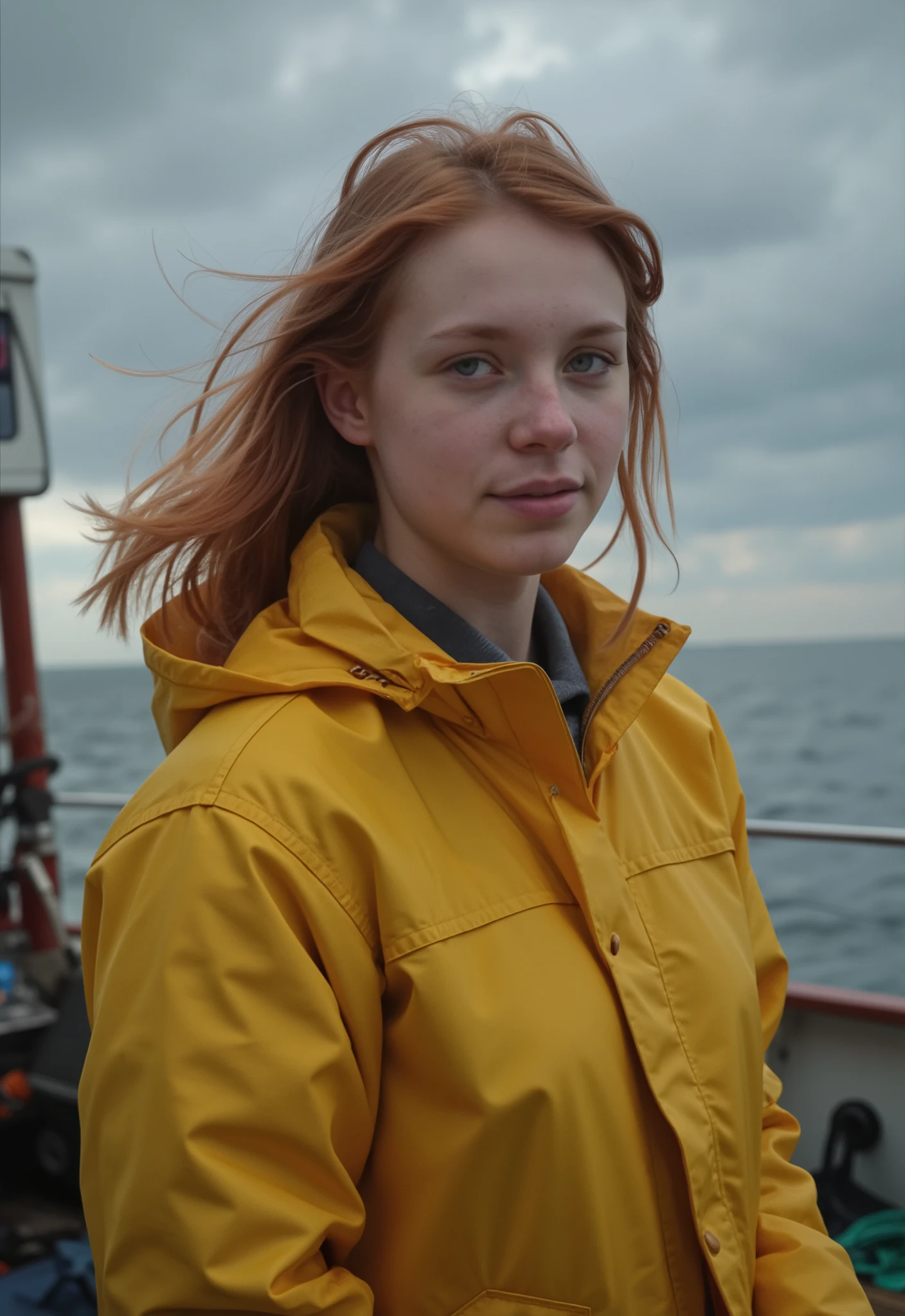 (masterpiece:1.2), best quality, photo of beautiful female fisherman, gingerhair, 12yo, wearing yellow raincoat, (on fishing boat:1.3), dark clouds, Photorealistic, Hyperrealistic, Hyperdetailed, analog style, hip cocked, demure, low cut, detailed skin, matte skin, soft lighting, subsurface scattering, realistic, heavy shadow, masterpiece, best quality, ultra realistic, 8k, golden ratio, Intricate, High Detail, film photography, soft focus