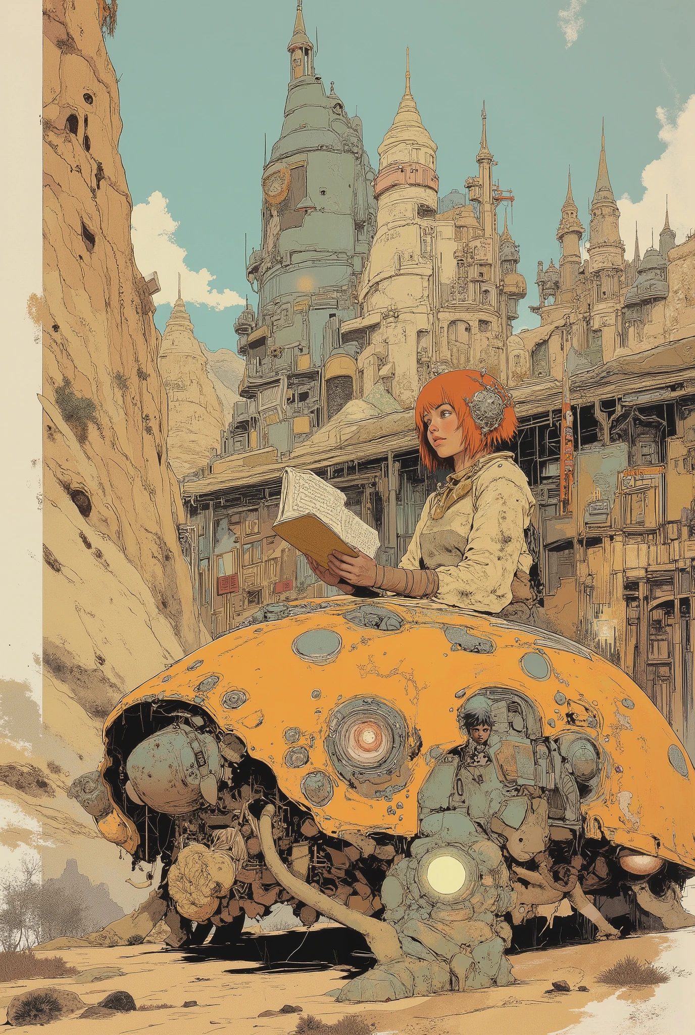 By Phandigrams,CAICO,SF comic style, European bande dessinée illustration, Moebius inspired art, beautiful girl riding an ladybug-shaped sci-fi vehicle, reading a book, full body character design, beautiful face, clear face, bangs, orange short hair, futuristic setting, desert cityscape in the background, vibrant pastel colors, surreal atmosphere, cinematic wide composition, ultra realistic rendering, minimal elements, highly detailed illustration, artistic shading, dynamic perspective, (masterpiece:2), best quality, ultra highres, original, extremely detailed, perfect lighting