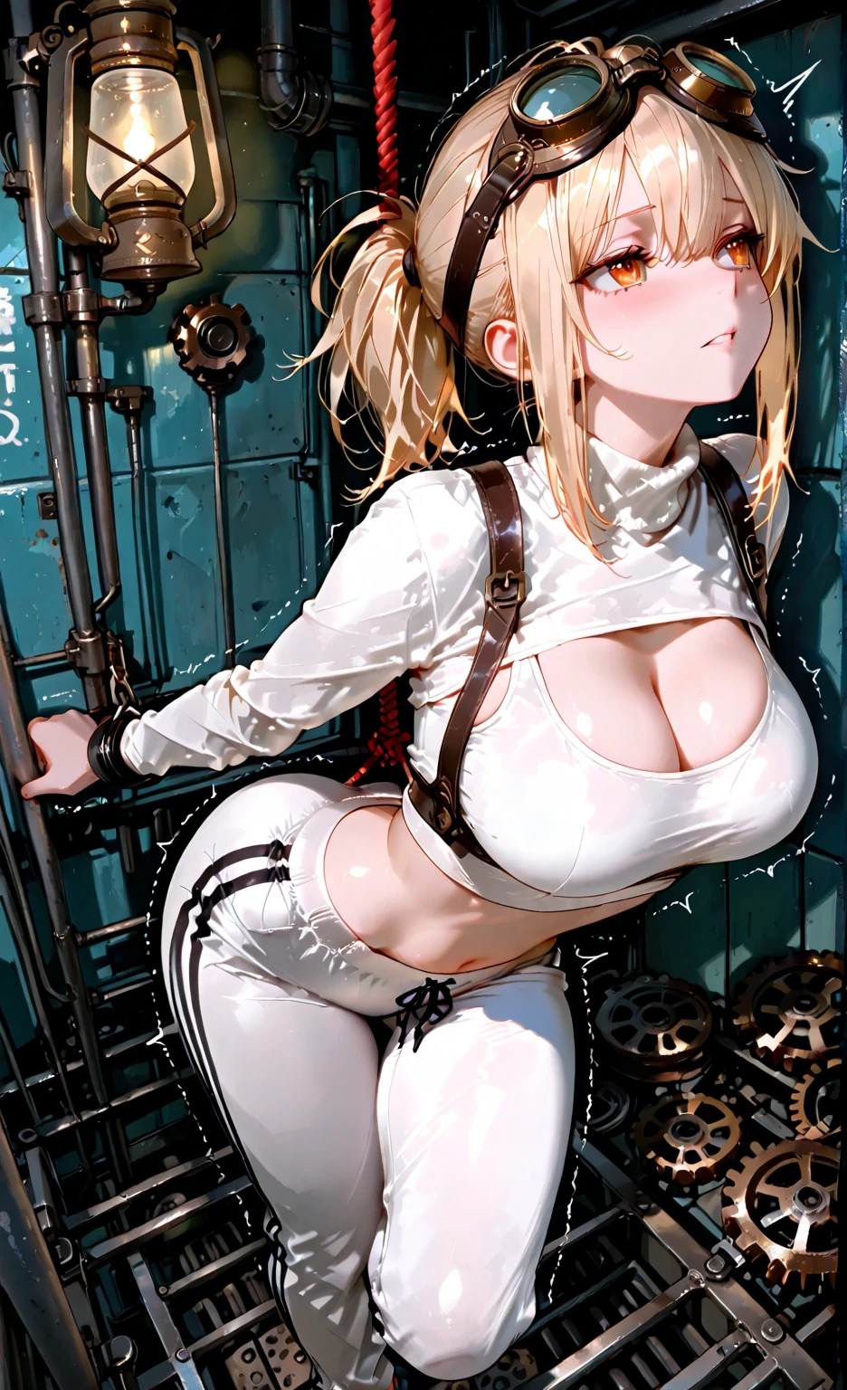 1girl, ?????????????, thighhighs,solo, thigh boots, black skirt, black footwear, (((masterpiece,high resolution,best quality))), solo, blonde hair, on back, looking at viewer, open mouth, solo, blush, wet clothes, heart, arms up, wet, ????????????, short hair, pervert, white panties, himiko toga, ????, ???????, restraint, bondage ropes, rope, tied up, restrained body
