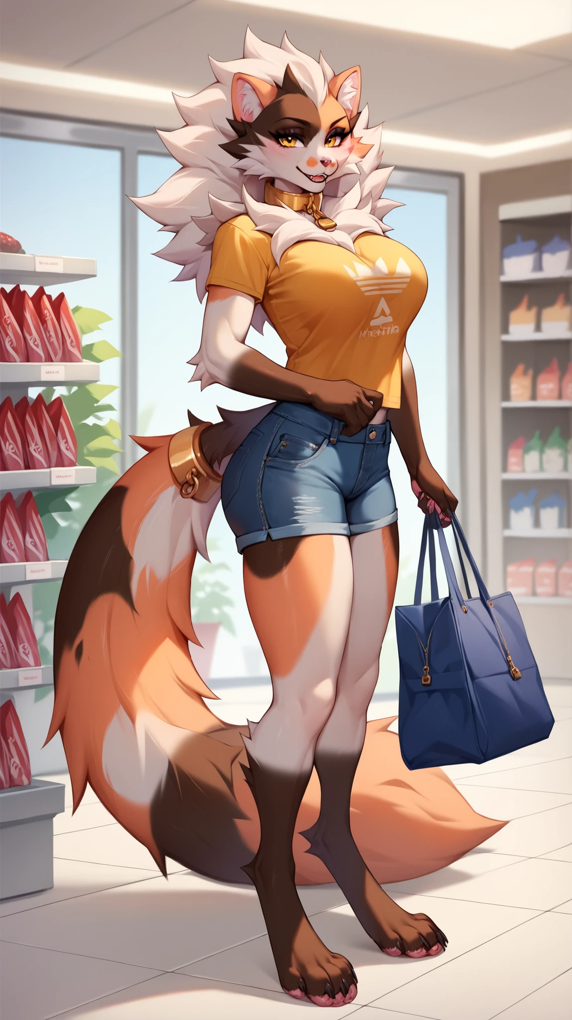 full body, score_9, score_8_up, score_7_up, score_6_up, score_5_up, score_4_up, masterpiece, high quality, detailed, best quality, beautybanger, female, werecreature, feline, anthro, long fluffy tail, accessories, brown fur, hair color white, white fur, brown fur, werecat, orange fur, felid, yellow eyes, domestic cat, golden collar, , claws, four toes, light pink t-shirt, bright blue bag, blue jeans shorts, on the other side, solo, background of a shopping mall interior