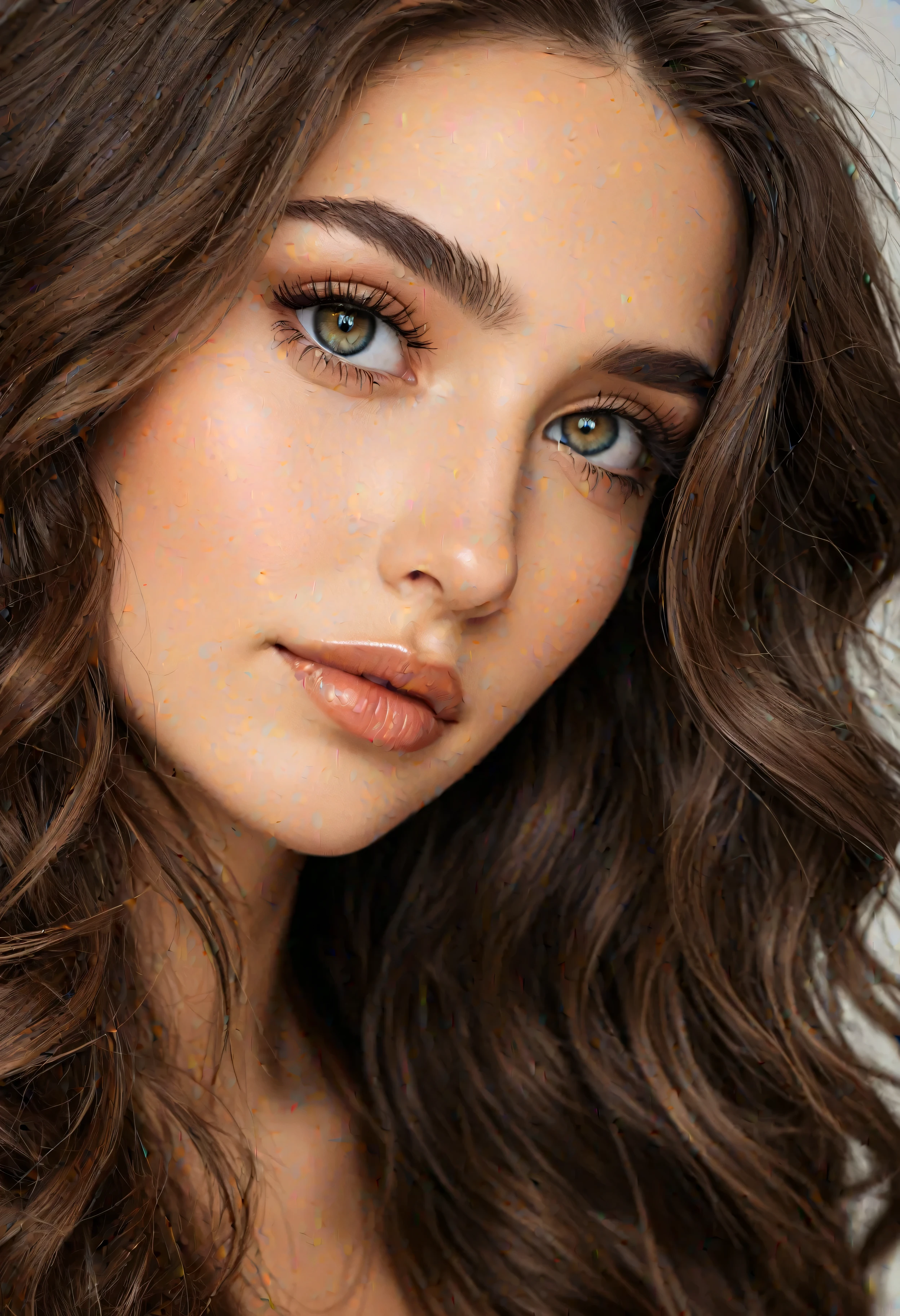 Create a portrait of a young woman with long, wavy brown hair and striking green eyes. She should have full lips, defined cheekbones, and flawless skin. The woman should have a subtle, alluring smile and be looking directly at the camera. The overall style should be photorealistic.