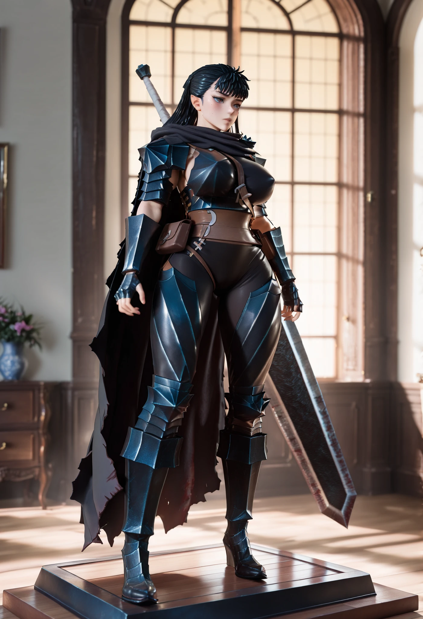 ( masterpiece, best quality), safe, incredible quality, very aesthetic, absurdities, highres, newest , HDR-10, 8K, high detail RAW color art , large pupil , tabs, high-detail RAW color art ,1 girl,3D, super realistic action figure,on a toy base,guts,((gutsfrom berserk)),thin black hair , ,(((full body view)) ((full body picture)) (large breast)saggy breast (pointy breast) coffe eyes,((( with armor)) and the sword dragon slayer
