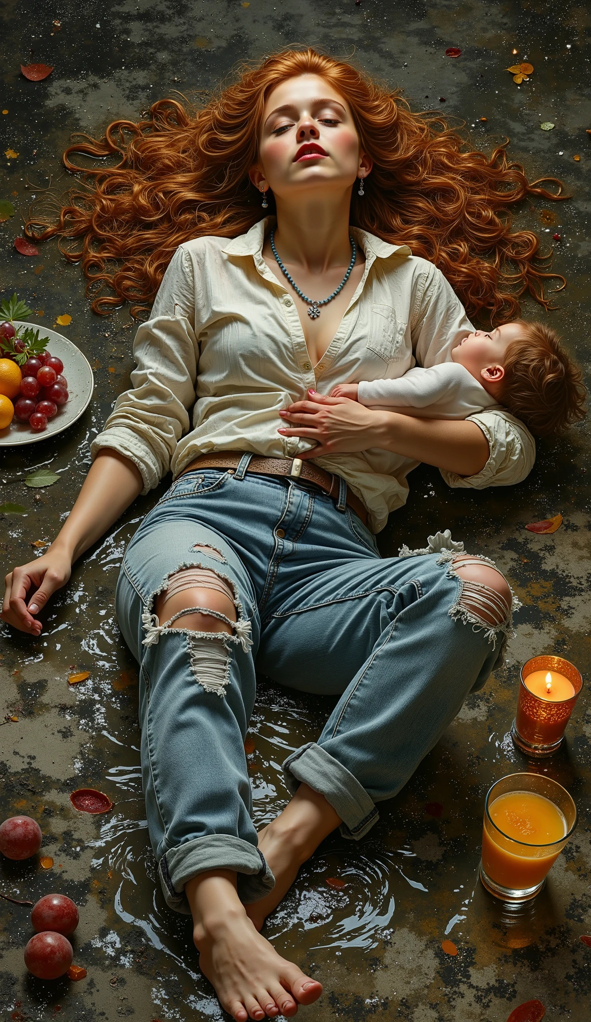 created a painting with oil painting with huge details , In the style of the artist Leonardo Davinci , The art of the era of European Renaissance , A fully detailed painting of a beautiful girl ( 20 years old ) She is lying on a floor full of water and carrying her daughter in her arms. She has long curly red hair on her shoulders. She wears tight and torn jeans with her legs apart, a buttoned shirt, a blue pearl necklace and silver jewelry on the chest. She puts a glass cup of orange juice, a plate of fruits and grapes, and a burning candle on a table with a dark background. The picture seems cinematic. The angle of view is not taken in front of the girl ( The full picture of the girl inside the frame and the view from the front )
