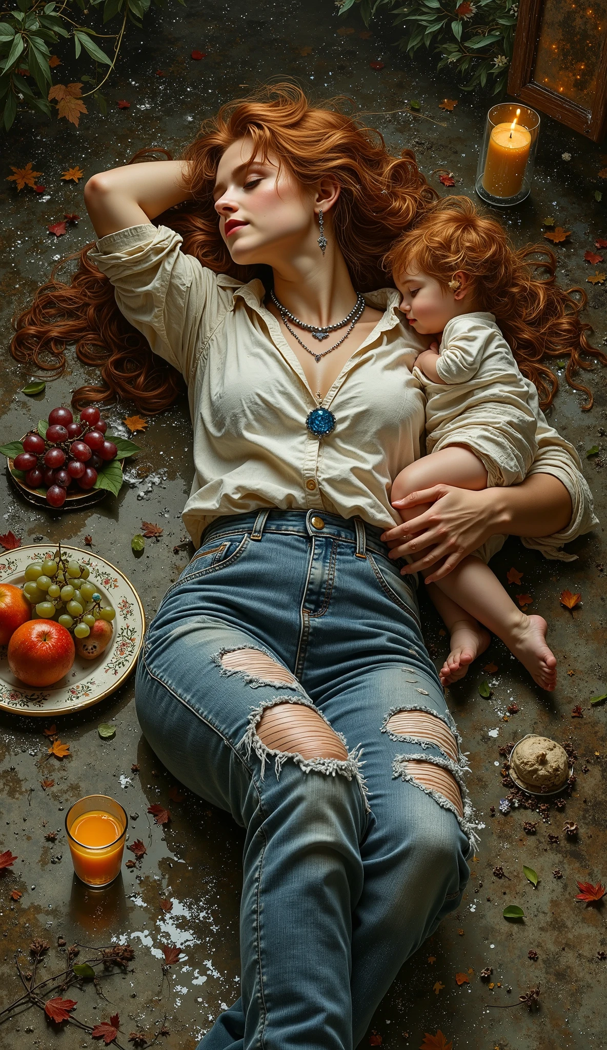 created a painting with oil painting with huge details , In the style of the artist Leonardo Davinci , The art of the era of European Renaissance ,  A fully detailed painting of a beautiful girl  (  20 years old ) She is lying on a floor full of water and carrying her daughter in her arms. She has long curly red hair on her shoulders. She wears tight and torn jeans with her legs apart, a buttoned shirt, a blue pearl necklace and silver jewelry on the chest. She puts a glass cup of orange juice, a plate of fruits and grapes, and a burning candle on a table with a dark background. The picture seems cinematic. The angle of view is not taken in front of the girl  ( The full picture of the girl inside the frame and the view from the front ) 
