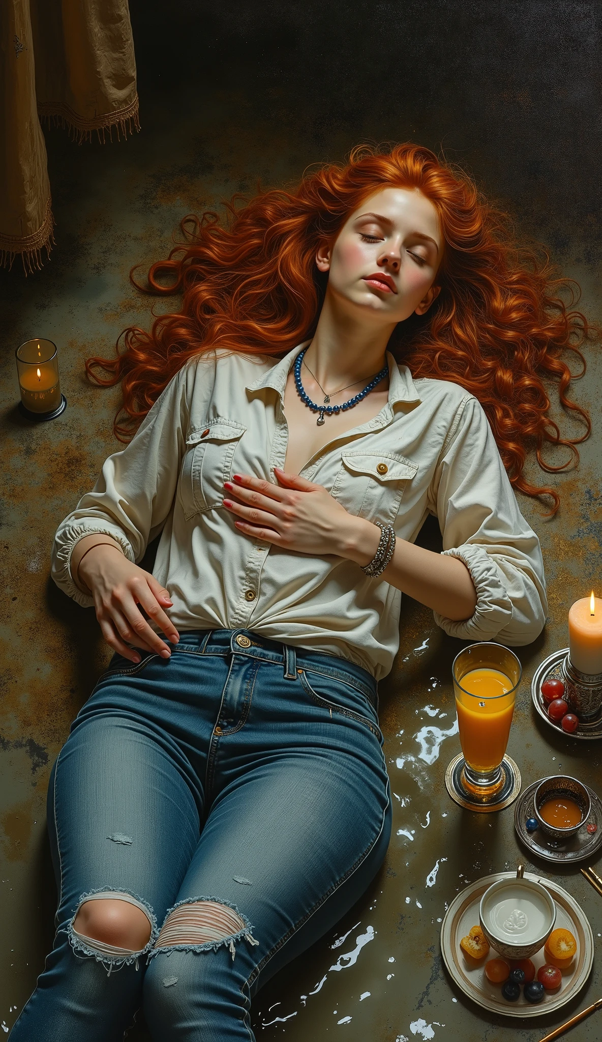 created a painting with oil painting with huge details , In the style of the artist Leonardo Davinci , The art of the era of European Renaissance ,  A fully detailed painting of a beautiful girl  (  20 years old ) She is lying on a floor full of water and carrying her daughter in her arms. She has long curly red hair on her shoulders. She wears tight and torn jeans with her legs apart, a buttoned shirt, a blue pearl necklace and silver jewelry on the chest. She puts a glass cup of orange juice, a plate of fruits and grapes, and a burning candle on a table with a dark background. The picture seems cinematic. The angle of view is not taken in front of the girl  ( The full picture of the girl inside the frame and the view from the front ) 
