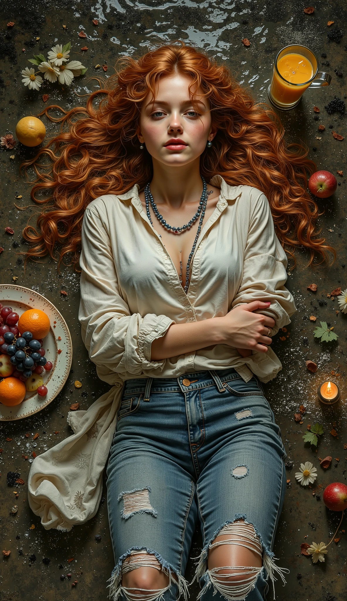 created a painting with oil painting with huge details , In the style of the artist Leonardo Davinci , The art of the era of European Renaissance ,  A fully detailed painting of a beautiful girl  (  20 years old ) She is lying on a floor full of water and carrying her daughter in her arms. She has long curly red hair on her shoulders. She wears tight and torn jeans with her legs apart, a buttoned shirt, a blue pearl necklace and silver jewelry on the chest. She puts a glass cup of orange juice, a plate of fruits and grapes, and a burning candle on a table with a dark background. The picture seems cinematic. The angle of view is not taken in front of the girl  ( The full picture of the girl inside the frame and the view from the front ) 
