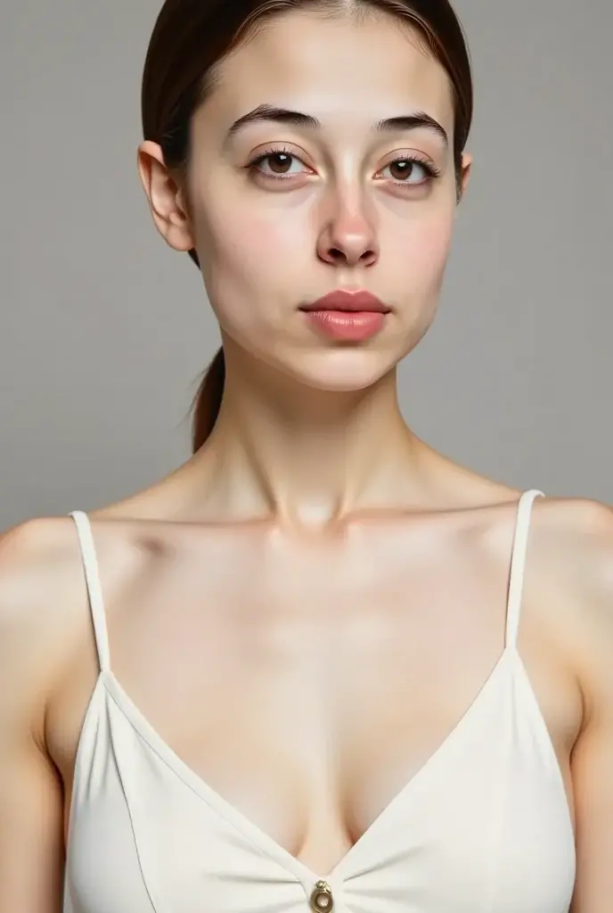 neat, real human being, (, Plain white pants), Even the feet are shown、standing upright、In the school infirmary、At school physical examination、(slim, small, flat), realistic, detailed, skin texture, ultra detailed, delicate and  clavicle, super detaileded face, detaileded lips, detaileded eyes, double eyelid, 13 year old beautiful girl、Japanese、he is short、sexual expression, slender body,topless、Topless、,white skin、flat chest、No swelling in the chest、simple ponytail、The binding position is low