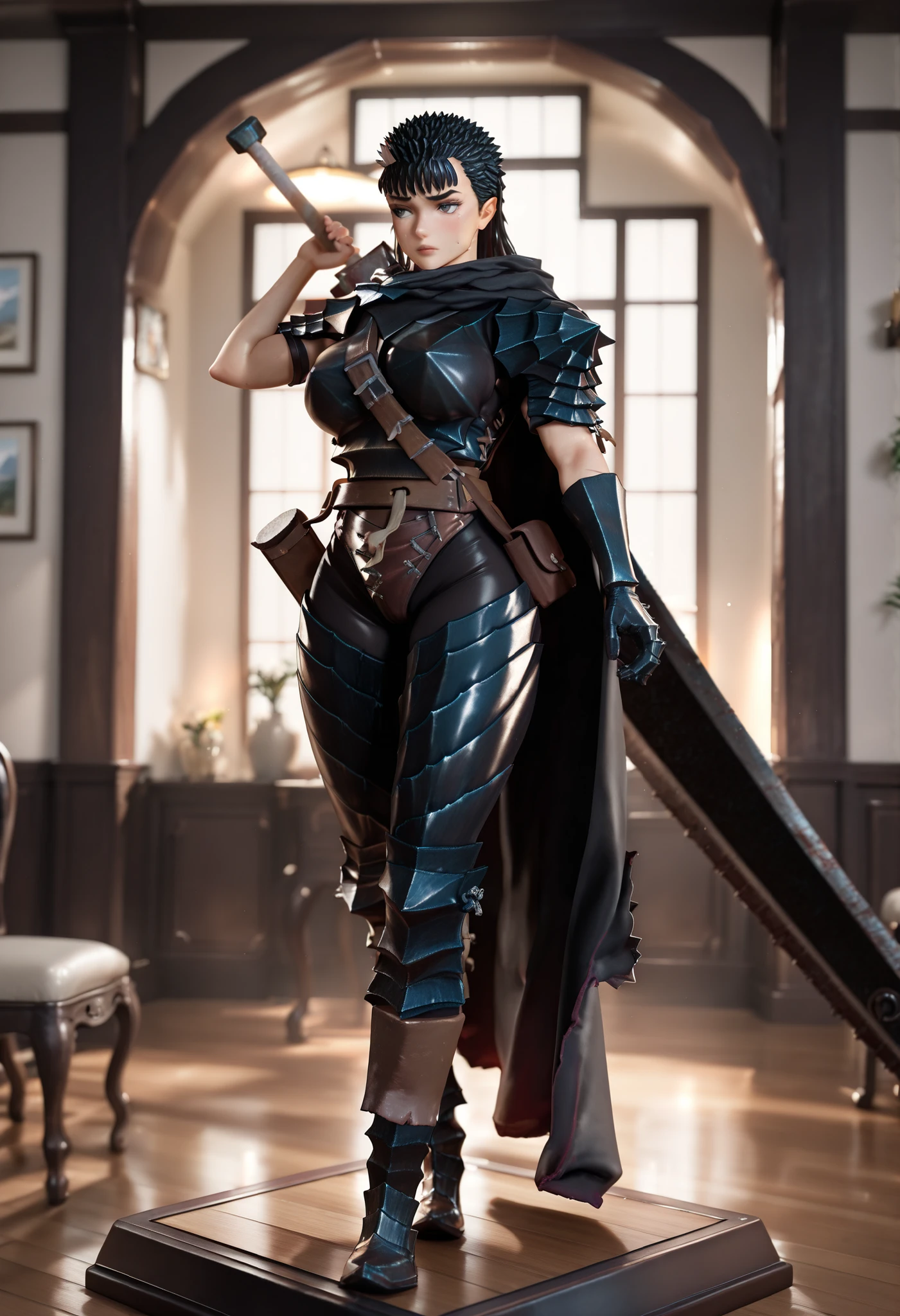 ( masterpiece, best quality), safe, incredible quality, very aesthetic, absurdities, highres, newest , HDR-10, 8K, high detail RAW color art , large pupil , tabs, high-detail RAW color art ,1 girl,3D, super realistic action figure,on a toy base,((guts from berserk)),thin black hair , ,(((full body view)) ((full body picture)) (massive breast)saggy breast (pointy breast) coffe eyes,((( with armor)) and the sword dragon slayer