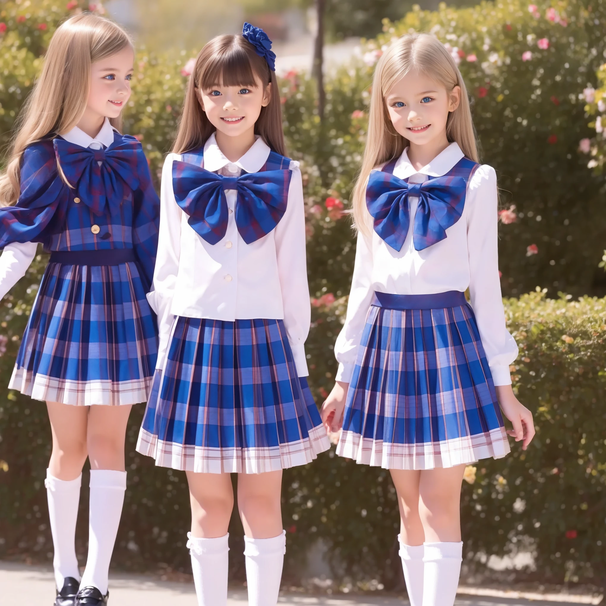 European girls,blue eyes,blonde long hair,10 years old,school uniform,pleated skirt,Frills and Bow Decorations:1.0,puff sleeve,Ruffled Sleeves,Ruffled Skirt,
