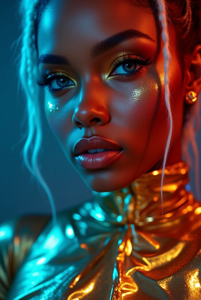 Fashion photography of a dark-skinned woman with gold lipstick and eyeshadow, high contrast, vivid colors <lora:Psych-Futurism:1>,pfstyle