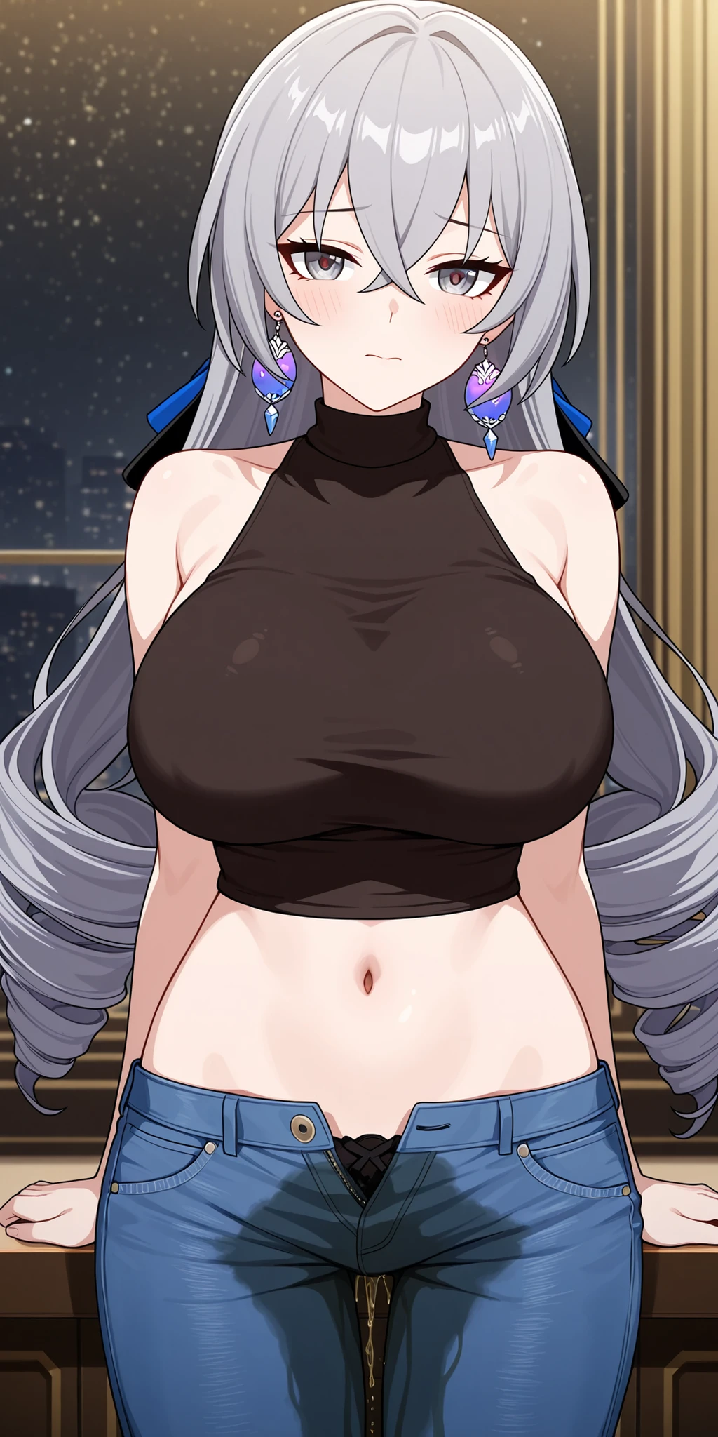 score_9, score_8_up, masterpiece, best quality, anime screencap, 1girl, huge breasts, Bronya Rand, \(Honkai: Star Rail\), grey eyes, grey hair, long hair, drill hair, hair bow, black bow, earrings, black crop top, diagonal shirt, navel, midriff, jeans, lowleg, (wetting self:1.5), blush, panty peek, black lingerie, open fly, wet jeans, facing viewer, straight-on, looking at viewer