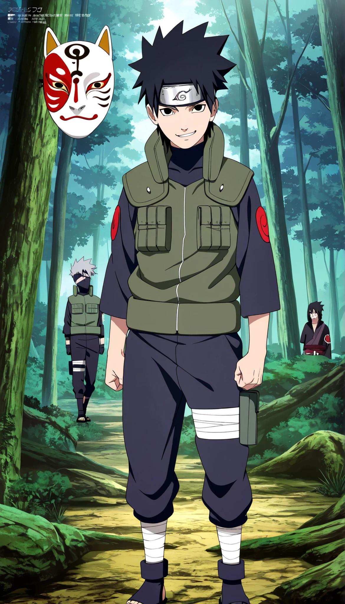 1boy,(Wearing a white Kabuki mask), anime characters in green vests and black pants standing in a forest, itatchi uchiha, kakashi hatake, kakashi, sasuke uchiha, choke smirk smile grin, itachi uchiha, itachi, detailed anime, highley detailled face, akatsuki akira, avatar image,masterpiece,best quality,amazing quality,professional quality ,very aesthetic ,newest,scenery, ultra detailed ,highly detailed ,intricate , absurdres , high resolution , 4K , 8K , unity 8k wallpaper , crisp quality , sharp focus , rich contrast , rating_explicit , official art, official style,source_anime,anime screencap,anime coloring,megami magazine,anime,animated, (((black hair))), fighting posture, full body