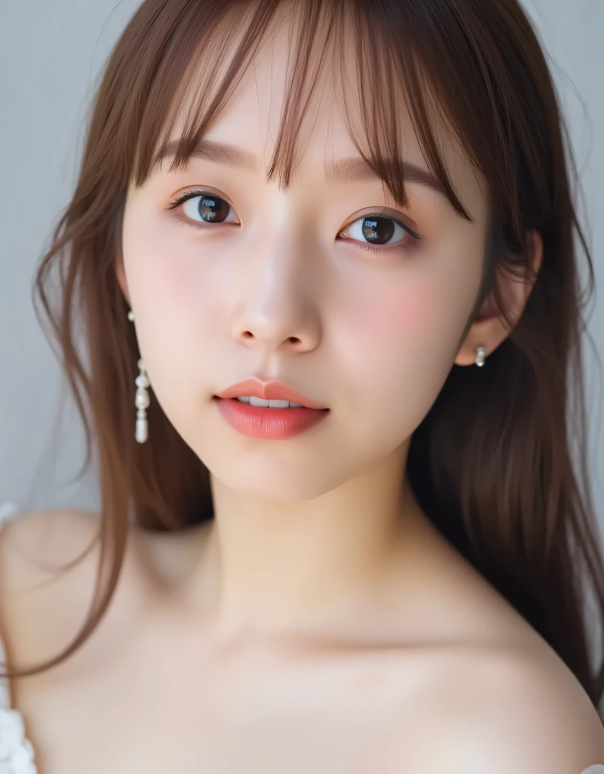 1girl, cute face, beautiful face, (perfectly detailed face), face focus,((looking at viewer、highlighting the beauty of her collarbone, snow-white and delicate skin, a sweet and elegant expressionlooking sleepily with soft gaze)), Simple Background, ((white background)), White skin, (bright lighting:1.2), perfect lighting, photorealistic,UHD, anatomically correct, highres、(8K,best quality, masterpiece,,beautiful detailed, ultra high res,raw photo,Full-HD, absurdres,high resolution, absolutely resolution:1.5)(masterpiece:1.3),,detailed face, detailed eyes, sophisticated nose, skin details, pale skin, perfect anatomy、beautiful black round eyes ,long hair,bangs, cute,small face,((sweet and innocent look , Innocent Smile、Clear Skin、innocent beauty、catch light、)) (((Pastel Makeup、Gloss Lips、sparkling eyeshadow、Fluffy False Lashes、Cute Pink Cheek、 )))sharp focus 、ray tracing,cinematic lighting,