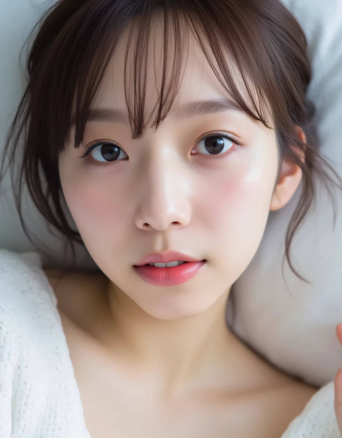 1girl, cute face, beautiful face, (perfectly detailed face), face focus,((looking at viewer、highlighting the beauty of her collarbone, snow-white and delicate skin, a sweet and elegant expressionlooking sleepily with soft gaze)), Simple Background, ((white background)), White skin, (bright lighting:1.2), perfect lighting, photorealistic,UHD, anatomically correct, highres、(8K,best quality, masterpiece,,beautiful detailed, ultra high res,raw photo,Full-HD, absurdres,high resolution, absolutely resolution:1.5)(masterpiece:1.3),,detailed face, detailed eyes, sophisticated nose, skin details, pale skin, perfect anatomy、beautiful black round eyes ,long hair,bangs, cute,small face,((sweet and innocent look , Innocent Smile、Clear Skin、innocent beauty、catch light、)) (((Pastel Makeup、Gloss Lips、sparkling eyeshadow、Fluffy False Lashes、Cute Pink Cheek、 )))sharp focus 、ray tracing,cinematic lighting,