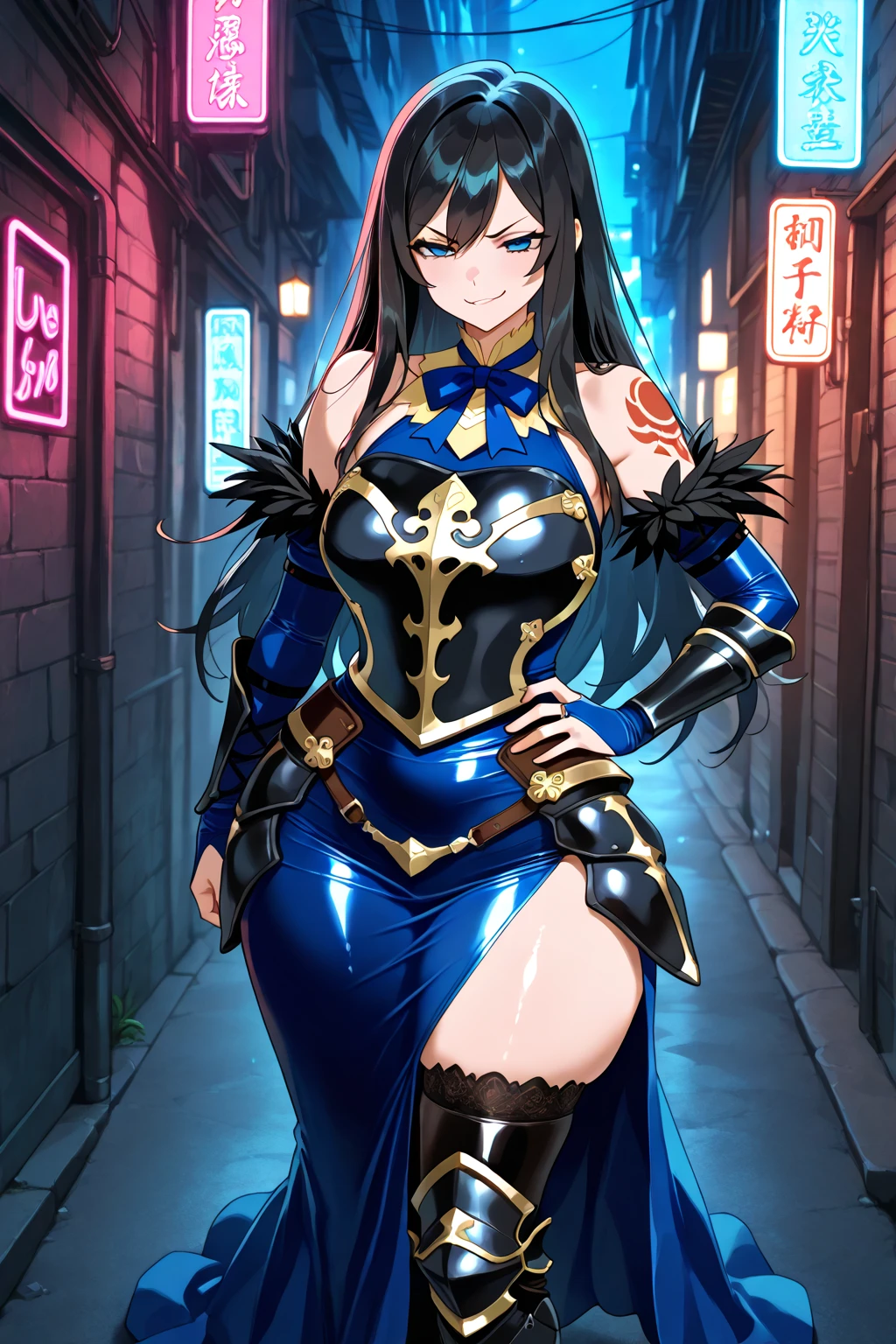 (masterpiece: 1.2),  best quality, ultra high res, shiny skin, mature female, fashi-g, ultra high res, perfect , best shadow, best quality, ((1girl, solo)), hair ornament, very long hair, , smile, looking at viewer, very long hair, long sleeves, blue eyes, blue hair, bangs, hair between eyes, short dress, high boots, flower, cloudy sky, full body