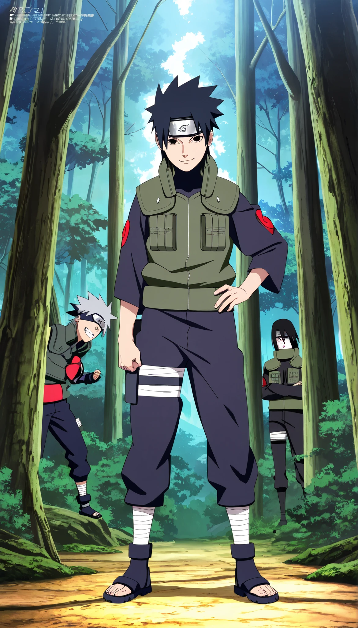 1boy,(Wearing a white Kabuki mask), anime characters in green vests and black pants standing in a forest, itatchi uchiha, kakashi hatake, kakashi, sasuke uchiha, choke smirk smile grin, itachi uchiha, itachi, detailed anime, highley detailled face, akatsuki akira, avatar image,masterpiece,best quality,amazing quality,professional quality ,very aesthetic ,newest,scenery, ultra detailed ,highly detailed ,intricate , absurdres , high resolution , 4K , 8K , unity 8k wallpaper , crisp quality , sharp focus , rich contrast , rating_explicit , official art, official style,source_anime,anime screencap,anime coloring,megami magazine,anime,animated, (((black hair))), fighting posture, full body