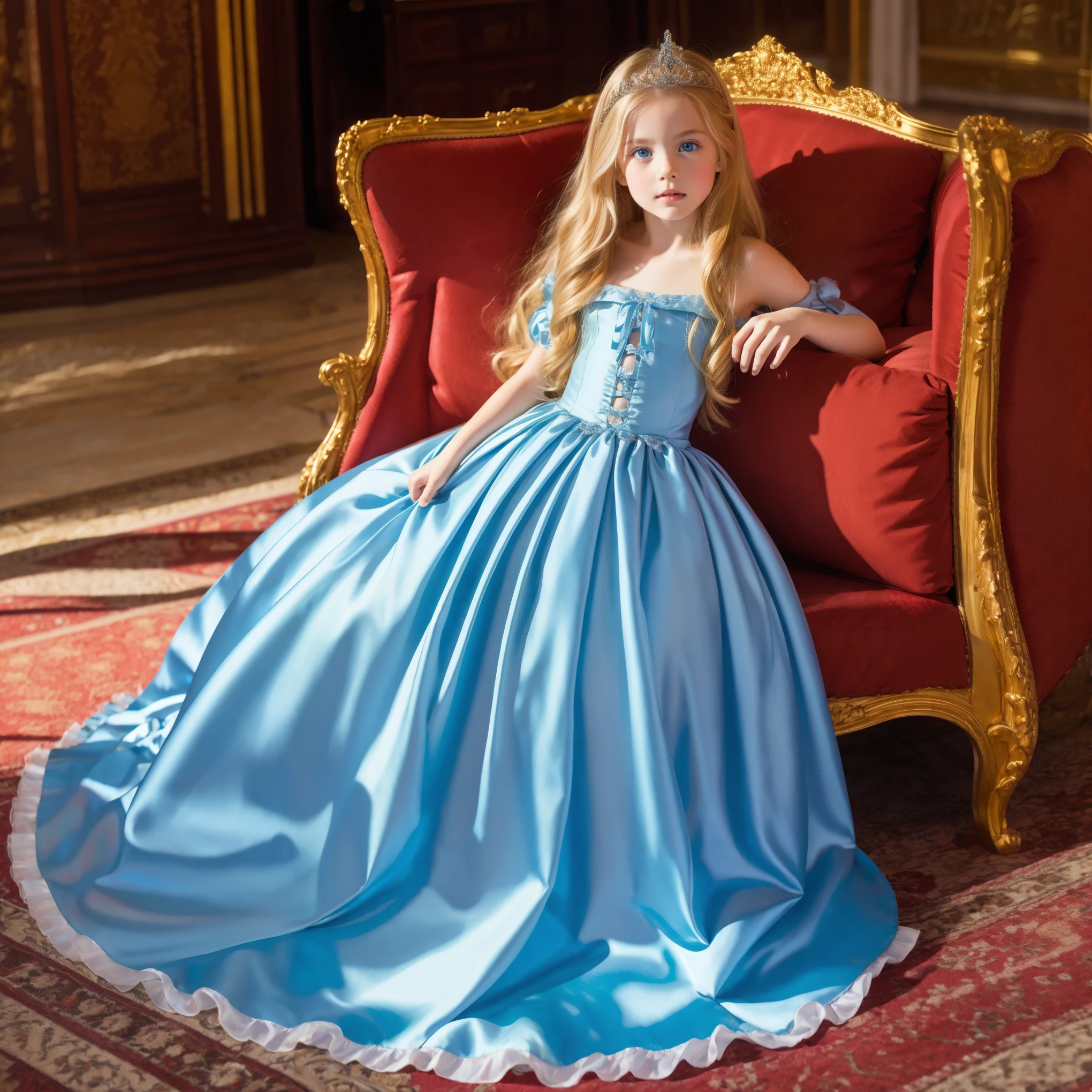 Full Body:1.0,European princess girls,blue eyes,blonde long hair,10 years old,Silk Satin Princess Dress,