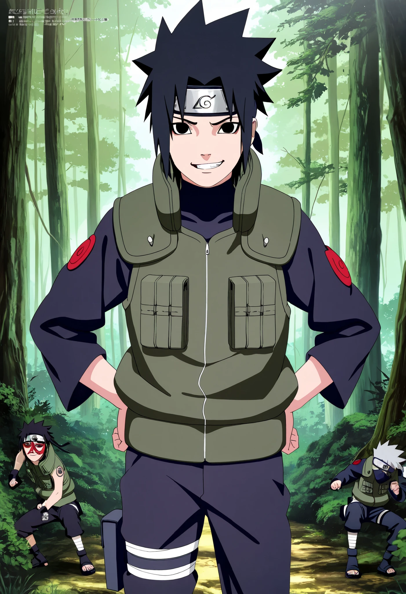 1boy,(Wearing a white Kabuki mask), anime characters in green vests and black pants standing in a forest, joker looks like naruto, joker as naruto, itatchi uchiha, kakashi hatake, kakashi, sasuke uchiha, choke smirk smile grin, itachi uchiha, itachi, detailed anime, highley detailled face, akatsuki akira, avatar image,masterpiece,best quality,amazing quality,professional quality ,very aesthetic ,newest,scenery, ultra detailed ,highly detailed ,intricate , absurdres , high resolution , 4K , 8K , unity 8k wallpaper , crisp quality , sharp focus , rich contrast , rating_explicit , official art, official style,source_anime,anime screencap,anime coloring,megami magazine,anime,animated, (((black hair))), fighting posture