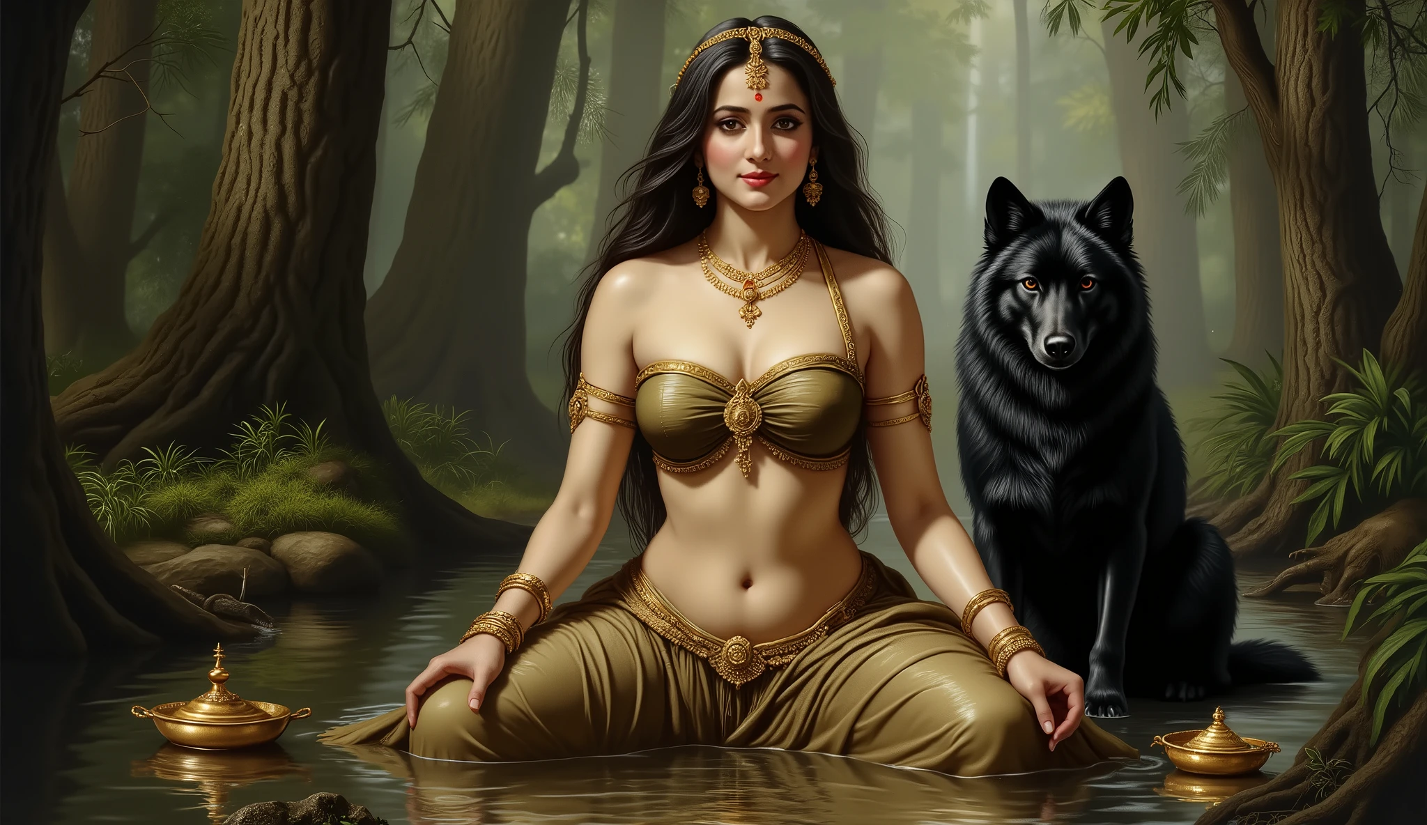 Full hd image of a very beautiful princess wearing wet saree and wet blouse curvy figure sitting and doing religious rituals and a black wolf sitting next to her in the scary forest