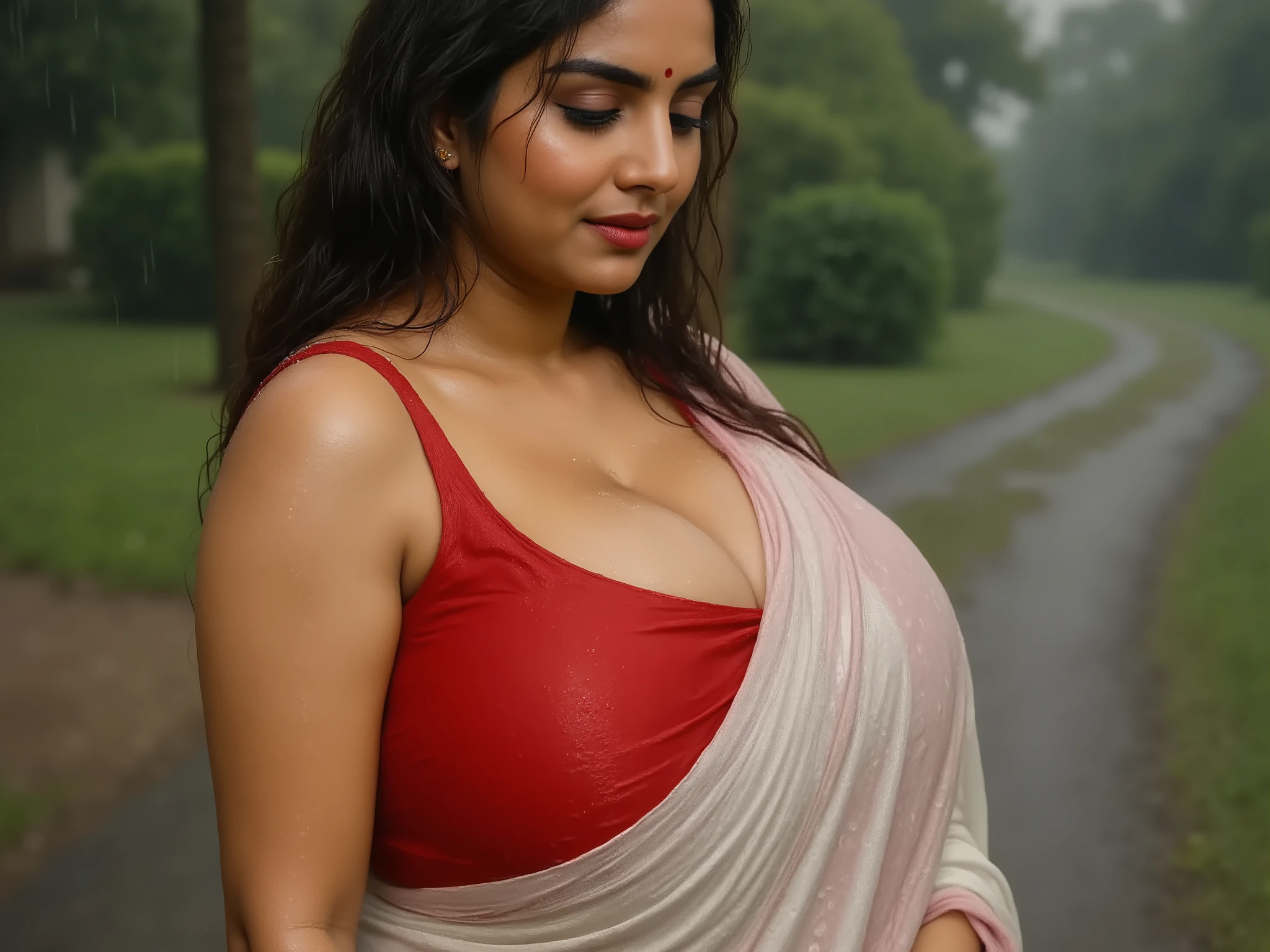 Busty indian curvy slim women, wearing white saree, red blouse and jogging in rain