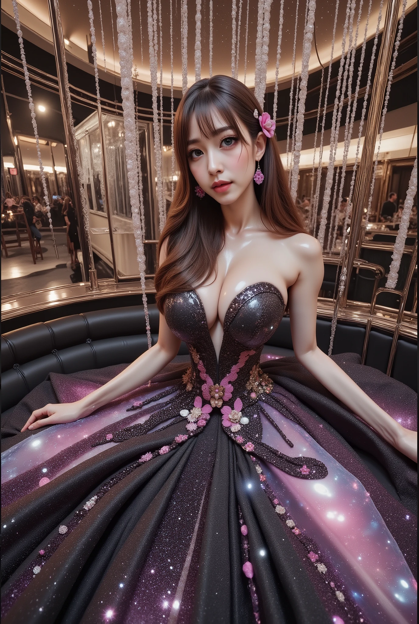 A beautiful Asian idol girl with white skin, douyin-style makeup face, eyelashes, With fake giant breasts, blue eyes, shiny body, wet body, wearing a tight strapless dress that presses the breasts, with a sexy and slim body, a small waist, Shiny clothing, sitting in space, UHD, luxurious dress, a dress decorated with pearls, diamonds, jewels, and flowers, a dress emitting light, the most elegant and extraordinary dress, a fantasy dress, a beautiful digital artwork, a beautiful fantasy empress, wearing a strapless dress made of beads and carbon fiber, a photo with very sharp details, the best quality: 1.2),, (8k, high resolution, RAW photo, realistic, photo-realistic: 1.3), (detailed skin texture, detailed fabric texture, detailed element texture, exquisite detailed face: 1.25), professional lighting, photon mapping, beautiful soft light, radiosity, physically based rendering, raytracing, model shooting style, model shooting style, (highly detailed 8k unity CG Wallpaper), the most beautiful artwork in the world. (Body Navel) (chest push up) (nipple).