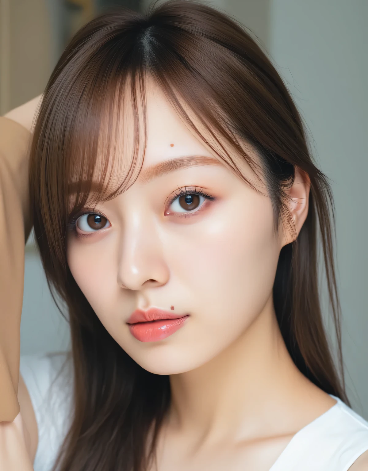 1girl, cute face, beautiful face, (perfectly detailed face), face focus,((looking at viewer、highlighting the beauty of her collarbone, snow-white and delicate skin, a sweet and elegant expressionlooking sleepily with soft seductive gaze)), Simple Background, ((white background)), White skin, (bright lighting:1.2), perfect lighting, photorealistic,UHD, anatomically correct, highres、(8K,best quality, masterpiece,,beautiful detailed, ultra high res,raw photo,Full-HD, absurdres,high resolution, absolutely resolution:1.5)(masterpiece:1.3),,detailed face, detailed eyes, sophisticated nose, skin details, pale skin, perfect anatomy、beautiful black round eyes ,long hair,bangs, cute,small face,((sweet and innocent look , Innocent Smile、Clear Skin、innocent beauty、catch light、)) (((Pastel Makeup、Gloss Lips、sparkling eyeshadow、Fluffy False Lashes、Cute Pink Cheek、 )))sharp focus 、ray tracing,cinematic lighting,