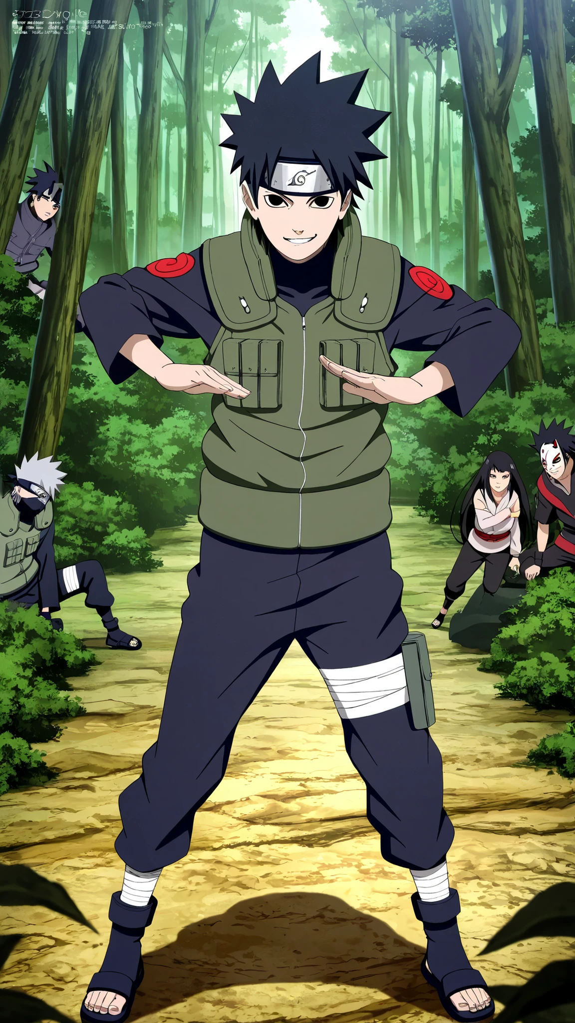1boy,(Wearing a white Kabuki mask), anime characters in green vests and black pants standing in a forest, itatchi uchiha, kakashi hatake, kakashi, sasuke uchiha, choke smirk smile grin, itachi uchiha, itachi, detailed anime, highley detailled face, akatsuki akira, avatar image,masterpiece,best quality,amazing quality,professional quality ,very aesthetic ,newest,scenery, ultra detailed ,highly detailed ,intricate , absurdres , high resolution , 4K , 8K , unity 8k wallpaper , crisp quality , sharp focus , rich contrast , rating_explicit , official art, official style,source_anime,anime screencap,anime coloring,megami magazine,anime,animated, (((black hair,obito style hair))), fighting posture, full body 
