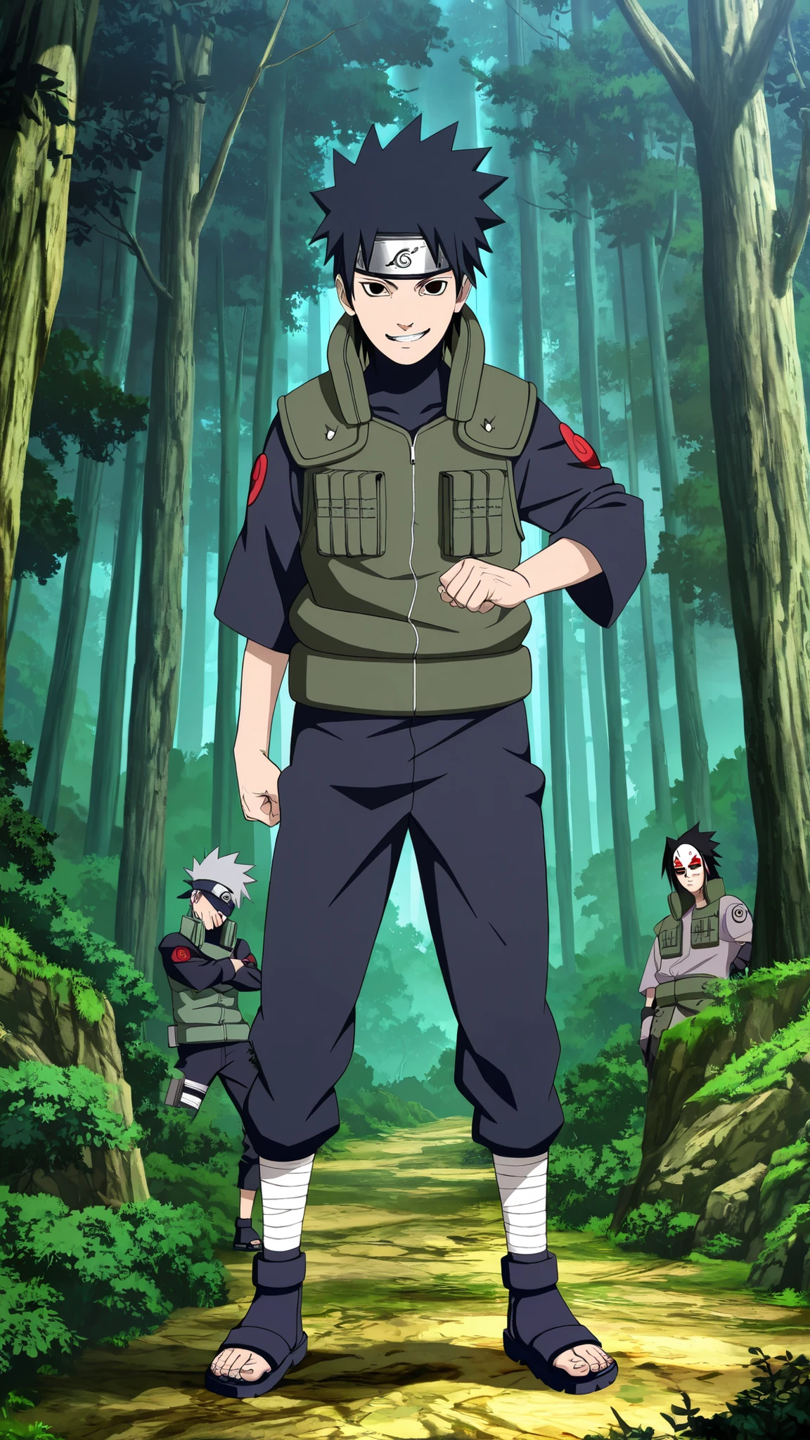 1boy,(Wearing a white Kabuki mask), anime characters in green vests and black pants standing in a forest, itatchi uchiha, kakashi hatake, kakashi, sasuke uchiha, choke smirk smile grin, itachi uchiha, itachi, detailed anime, highley detailled face, akatsuki akira, avatar image,masterpiece,best quality,amazing quality,professional quality ,very aesthetic ,newest,scenery, ultra detailed ,highly detailed ,intricate , absurdres , high resolution , 4K , 8K , unity 8k wallpaper , crisp quality , sharp focus , rich contrast , rating_explicit , official art, official style,source_anime,anime screencap,anime coloring,megami magazine,anime,animated, (((black hair,obito style hair))), fighting posture, full body 
