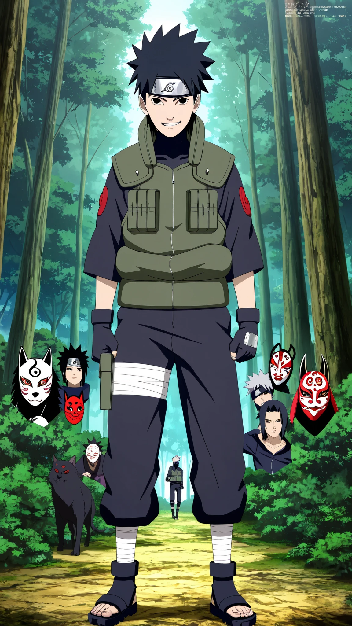 1boy,(Wearing a white Kabuki mask), anime characters in green vests and black pants standing in a forest, itatchi uchiha, kakashi hatake, kakashi, sasuke uchiha, choke smirk smile grin, itachi uchiha, itachi, detailed anime, highley detailled face, akatsuki akira, avatar image,masterpiece,best quality,amazing quality,professional quality ,very aesthetic ,newest,scenery, ultra detailed ,highly detailed ,intricate , absurdres , high resolution , 4K , 8K , unity 8k wallpaper , crisp quality , sharp focus , rich contrast , rating_explicit , official art, official style,source_anime,anime screencap,anime coloring,megami magazine,anime,animated, (((black hair,obito style hair))), fighting posture, full body 
