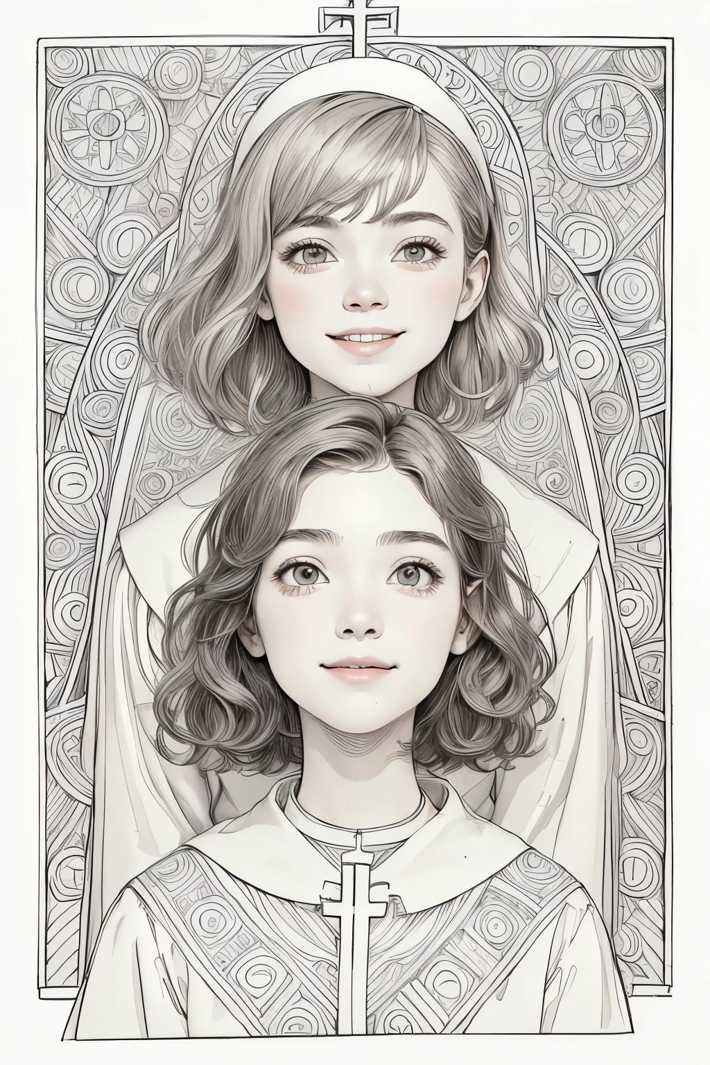 408 (a coloring book), (2Man and woman),((18 year old woman)),((18 year old priest)),((a line drawing for coloring-in)),(short hair),(Shortcut),(Neat hair),(super high image quality at sea level),(Old Church),(Archaic smile),2025.09.19,((geometric pattern))