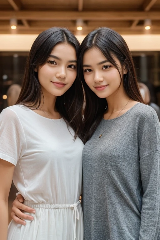 A portrait of a young woman with long, wavy dark brown hair. She has a fair complexion, large, expressive brown eyes, and a subtle, natural makeup look. She is wearing a simple, light-colored top and is looking directly at the camera with a neutral expression. The background is plain and light, drawing focus to her face.