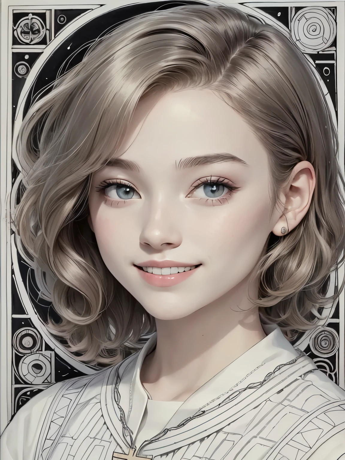 408 (a coloring book), (2Man and woman),((18 year old woman)),((18 year old priest)),((a line drawing for coloring-in)),(short hair),(Shortcut),(Neat hair),(super high image quality at sea level),(Old Church),(Archaic smile),2025.09.19,((geometric pattern))