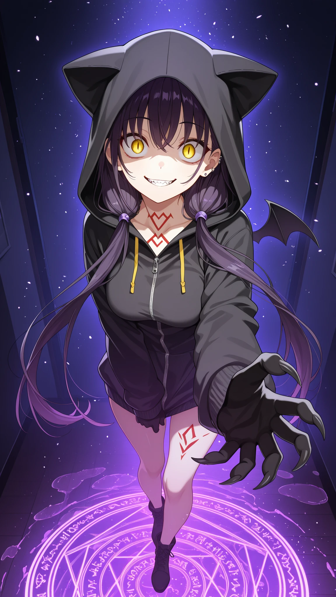 Masterpiece , Highest Quality , Super Detailed , score_9 , score_7_up , 1 woman ,(Asakura Karen),(Murderer's face),(Crazy Eyes),long hair、bungs、twin tails、yellow eyes、dark haired、低いtwin tails、medium breasts、full bang、鈍いbungs, slit pupils, Mini Wing, sharp claws, Black Hand, hoodie, I'm wearing a black animal hood, body markings, ear piercing , stretches towards the viewer , smile , Blue magic circle , , Particles of Light ,Room puddle, ,.