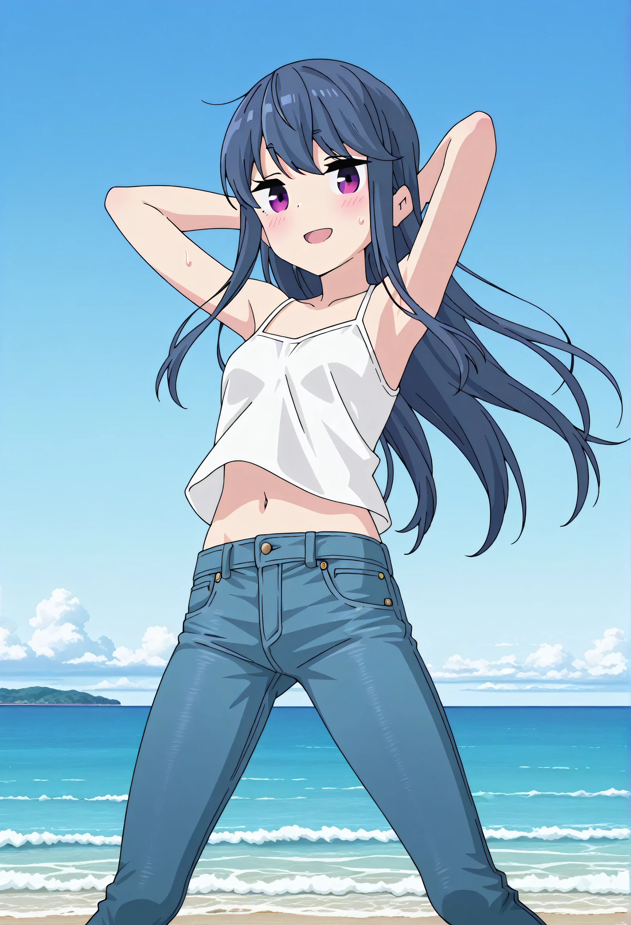 score_9, score_8_up, score_7_up, source_anime, highres, hi res, ((best quality, top quality, perfect quality, Highest Quality, amazing quality)), {{masterpiece}}, {{an extremely delicate and beautiful}}, 2d, intricate details, official style, anime, 8k, anime style, official_anime, official art, digital painting, cell shading, soft shading, high resolution, soothing tones, Subdued Color, Soft cinematic light, adobe lightroom, photolab, HDR, intricately and hyper-detailed, ((high quality animation)), 1 girl, Alone, solo, ((ocean)), tsunami, on the water, day, outdoors, sky, windy, rin shima, blue hair, purple eyes, sidelocks, long hair, small breasts, white camisole top, crop top, white crop top, best quality, hyper-detailed jeans, ((blue jeans:1.9)), (dark blue jeans:0.6), full medium body, medium shot, Open mouth, smiling, happy face, blush, sweat, standing, arms behind head, bowlegged, jumping pose, action, looking at viewer, spread legs, Bend knees slightly, straight-on front view