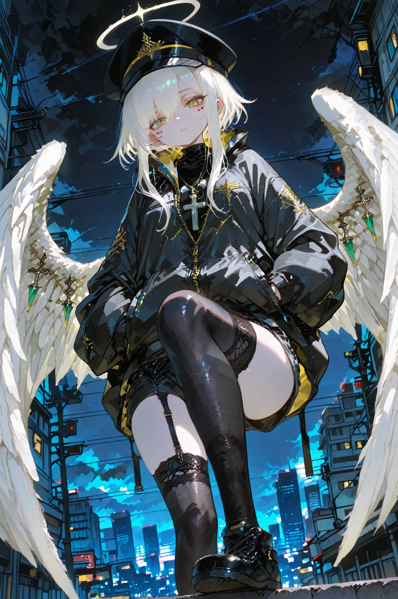 Outstanding work, subtly realistic, exceptional quality, exceptionally beautiful, ultra-high resolution, high resolution, anime style,,748cmstyle...........,Dynamic perspective, solo shot, a girl baring her chest, one leg raised poised to stomp down, a tilted lens focusing on the sole, diagonal composition, full-body view, close-up of the shoe sole, wavy white hair, long locks swept to one side, hair cascading over the shoulder, white hair with yellow mesh, a black peaked cap worn backwards, A faint white ring floating above the head, Tilted ring, A ring entwined on a silver-white cross necklace, Gazing at the viewer, luminous, Eyelashes, face facing forward with head slightly tilted back, a look of contempt, pale yellow eyes like citrine gemstones, a scornful gaze, stern expression, an oversized jacket zipped up, pure white angel wings sprouting from the back, several stickers affixed to the wings, hands tucked into pockets, shorts, black fishnet stockings, a black leather garter belt, black knee-high socks, trainers, feet stepping towards the audience, close-up of soles, night-time city skyline, skyscrapers piercing the clouds, light created by the nightscape, urban atmosphere.