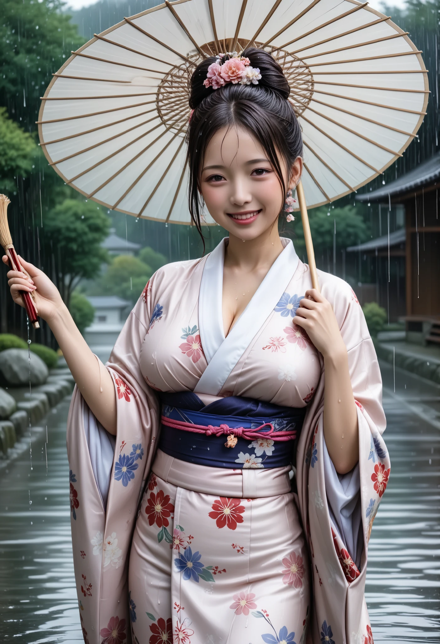 Highest Quality 、high quality 、 最High Precision、High Precision、8K quality、high image quality 、Highest Quality、 masterpiece 、immersive video、 very realistic image 、Realistic Painting、 perfect details 、 High Contrast 、High Fidelity、 perfect photo without blur、close to reality、 full of details Reproduced image、 Detailed and REALISTIC WEAPON 、 exquisite and realistic human skin 、 realistic face in every detail、 Realistic eyes in detail 、 drawing realistic lips down to the smallest detail 、 detailed and real teeth、Real Ears、 Realistic Hair 、((Japanese Model))、((Beautiful mature woman))、((Madame))、((Adult face))、(( black hair))、((BIG BREASTS))、((slim and perfect mature body))、(((Wet skin all over )))、((traditional Japanese garden))、((Rain clouds spreading across the sky))、((Heavy Rain Weather))、(( downpour))、((Stormy wind and rain))、(((A kimono with a clear floral pattern,sexy kimono)))、(((雨に濡れたA kimono with a clear floral patternが肌にぴったりとフィットする))、(((雨に濡れたA kimono with a clear floral patternを通して彼女のボディーラインがはっきりと見える)))、(( Raindrops on a wet kimono ))、((( dynamic sexy pose )))、((((full body depiction)))、( subject close-up ))