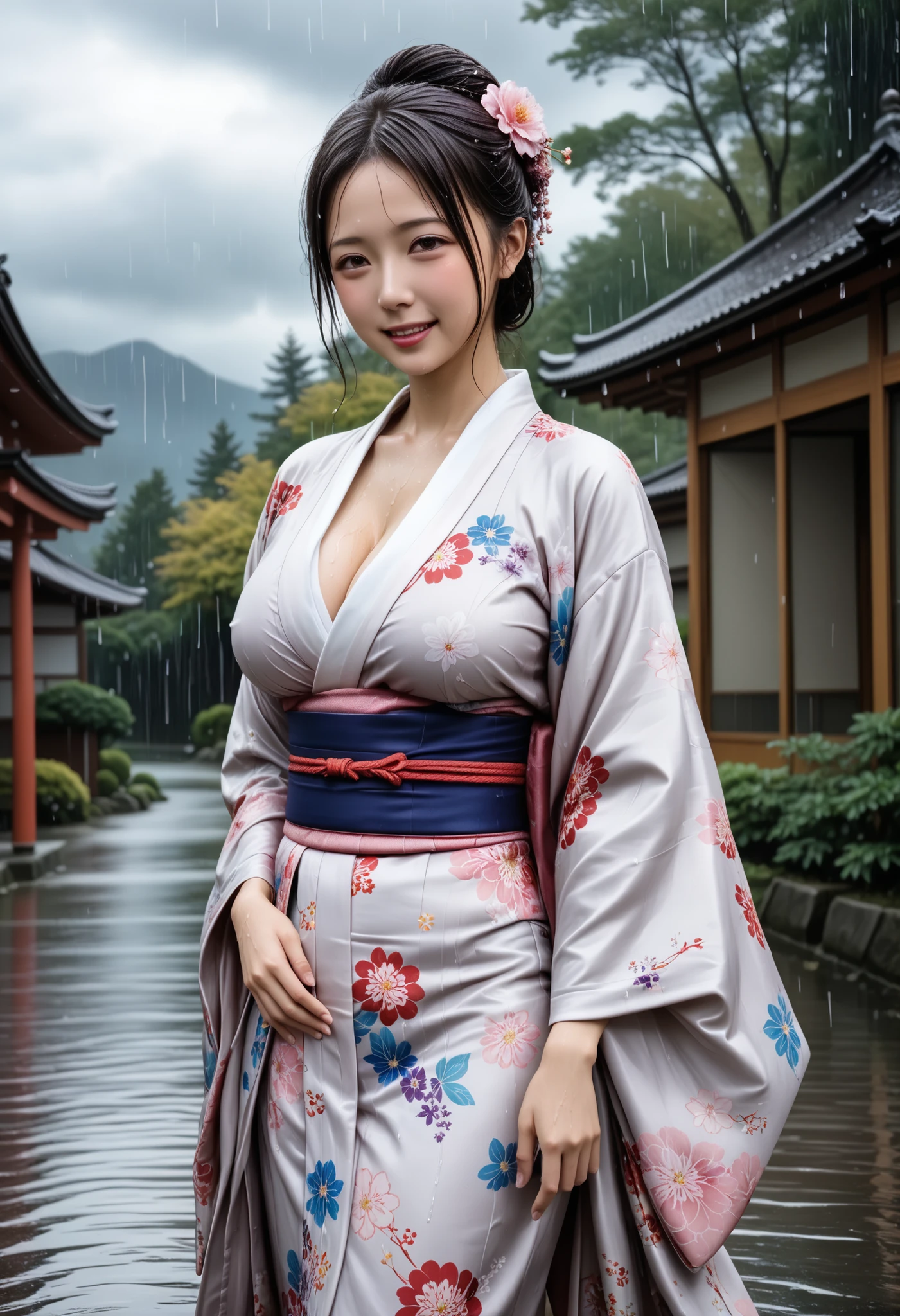 Highest Quality 、high quality 、 最High Precision、High Precision、8K quality、high image quality 、Highest Quality、 masterpiece 、immersive video、 very realistic image 、Realistic Painting、 perfect details 、 High Contrast 、High Fidelity、 perfect photo without blur、close to reality、 full of details Reproduced image、 Detailed and REALISTIC WEAPON 、 exquisite and realistic human skin 、 realistic face in every detail、 Realistic eyes in detail 、 drawing realistic lips down to the smallest detail 、 detailed and real teeth、Real Ears、 Realistic Hair 、((Japanese Model))、((Beautiful mature woman))、((Madame))、((Adult face))、(( black hair))、((BIG BREASTS))、((slim and perfect mature body))、(((Wet skin all over )))、((traditional Japanese garden))、((Rain clouds spreading across the sky))、((Heavy Rain Weather))、(( downpour))、((Stormy wind and rain))、(((A kimono with a clear floral pattern,sexy kimono)))、(((雨に濡れたA kimono with a clear floral patternが肌にぴったりとフィットする))、(((雨に濡れたA kimono with a clear floral patternを通して彼女のボディーラインがはっきりと見える)))、(( Raindrops on a wet kimono ))、((( dynamic sexy pose )))、((((full body depiction)))、( subject close-up ))